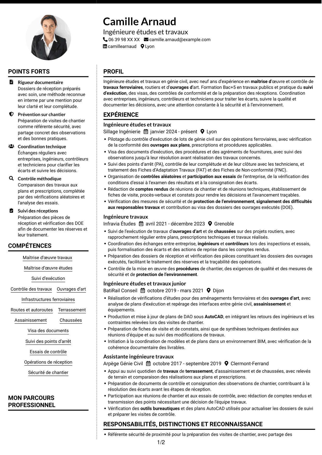 CV Moderne (format à deux colonnes avec photo à gauche et séparateur) : Ingénieur études et travaux - Infrastructures ferroviaires, page 1