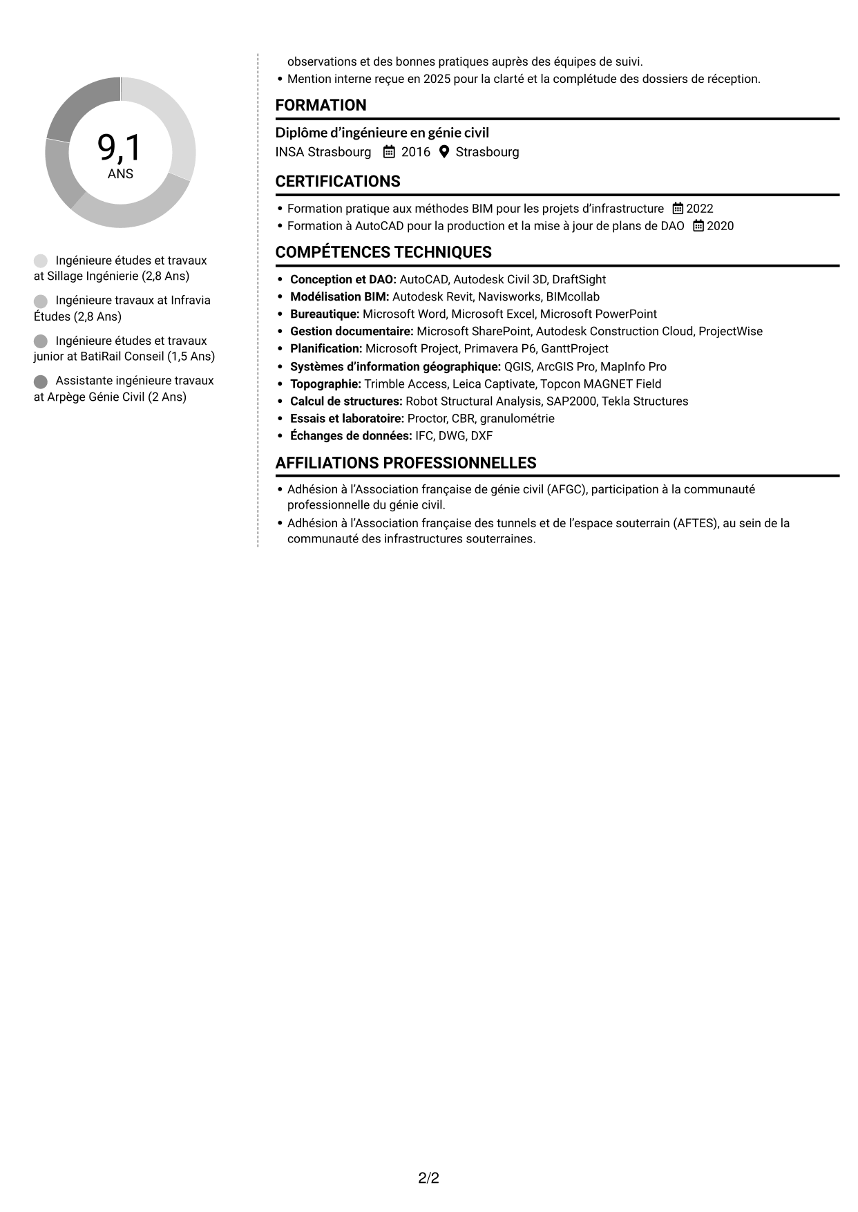 CV Moderne (format à deux colonnes avec photo à gauche et séparateur) : Ingénieur études et travaux - Infrastructures ferroviaires, page 2