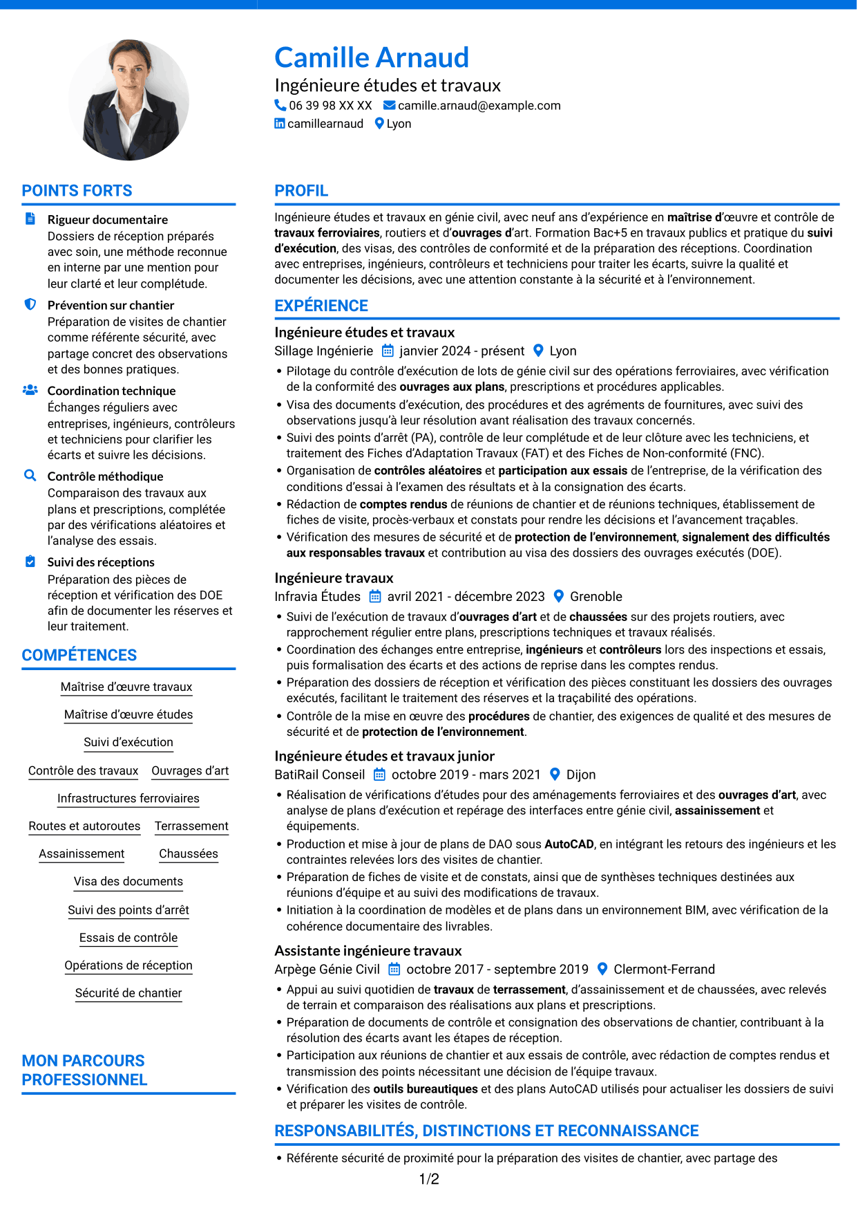 CV Audacieux (format à deux colonnes avec accents colorés et photo) : Ingénieur études et travaux - Infrastructures ferroviaires, page 1