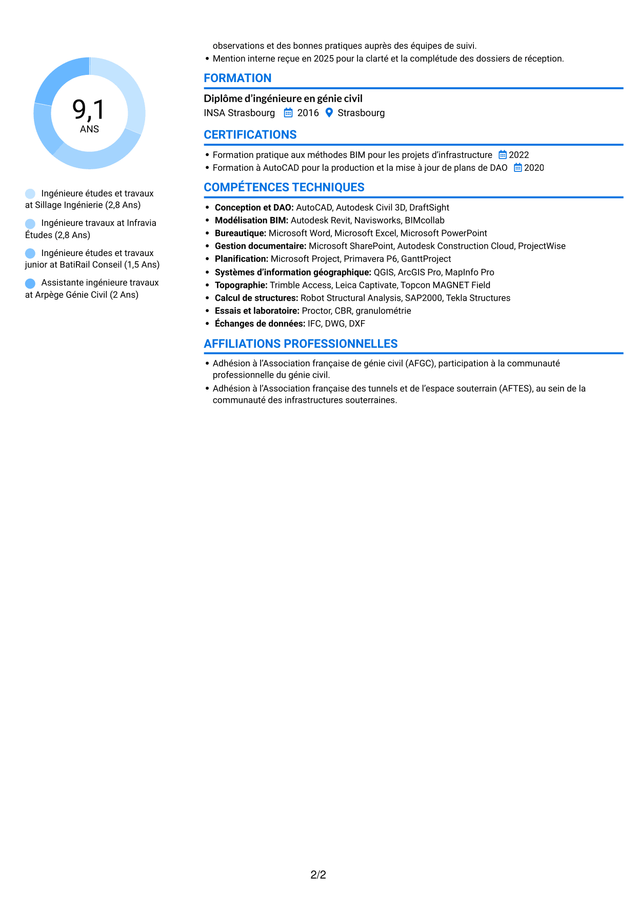 CV Audacieux (format à deux colonnes avec accents colorés et photo) : Ingénieur études et travaux - Infrastructures ferroviaires, page 2