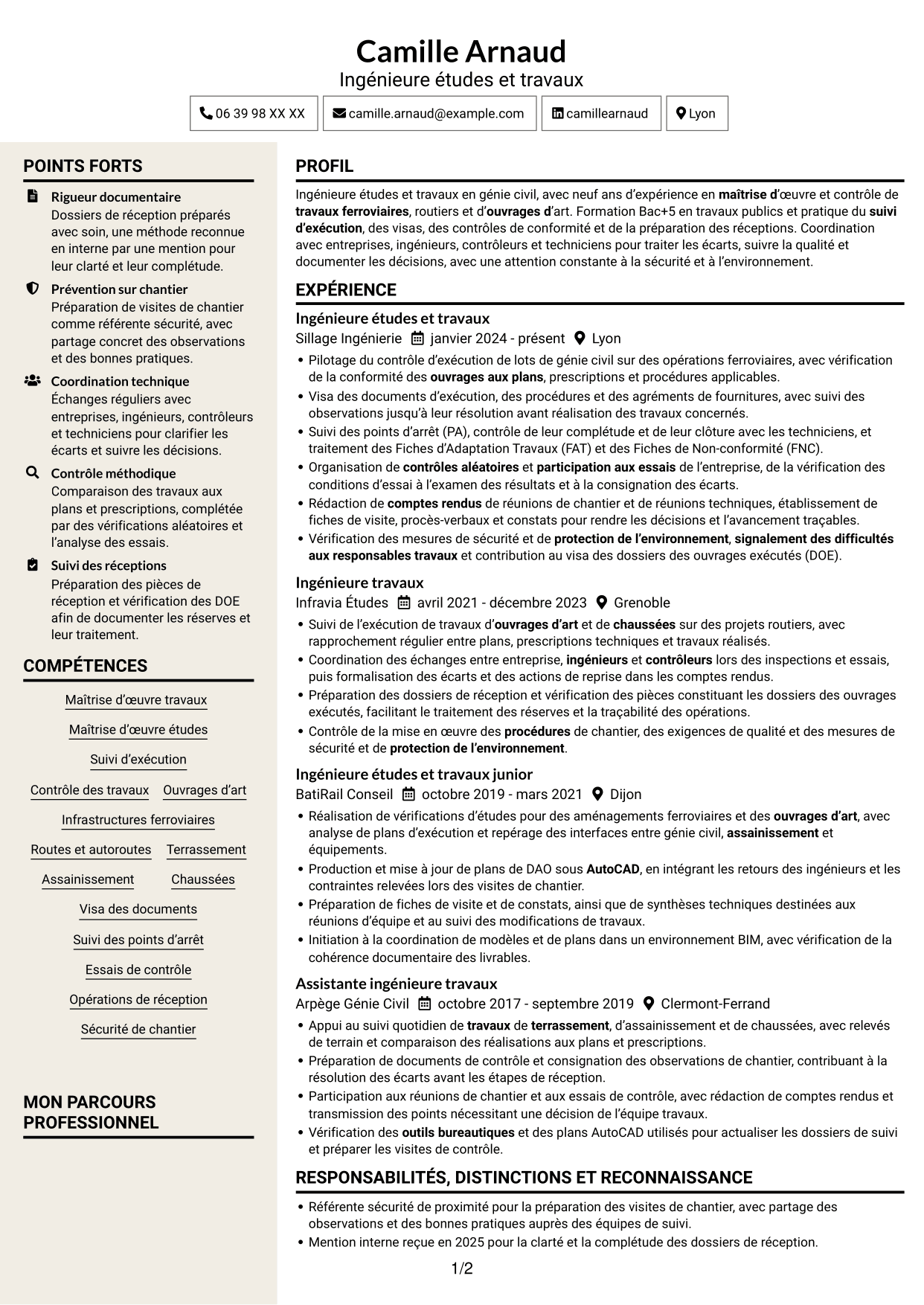 CV Fonceur (format à deux colonnes avec en-tête centré sans photo) : Ingénieur études et travaux - Infrastructures ferroviaires, page 1