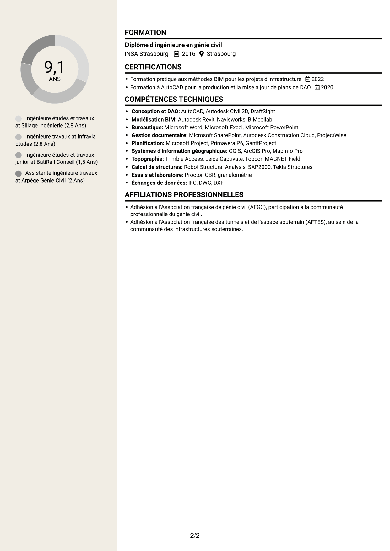 CV Fonceur (format à deux colonnes avec en-tête centré sans photo) : Ingénieur études et travaux - Infrastructures ferroviaires, page 2