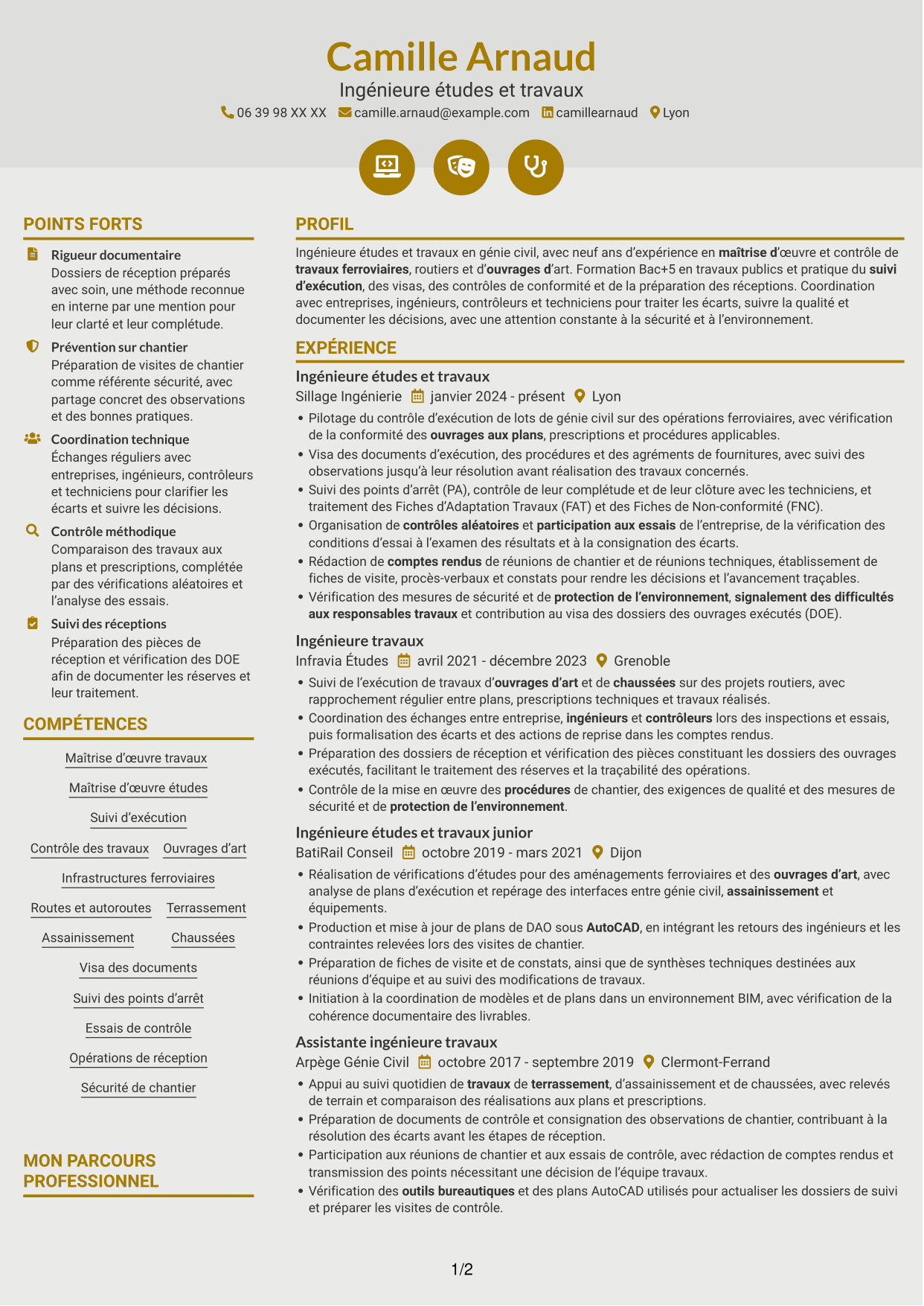CV Dynamique (format à deux colonnes avec icônes) : Ingénieur études et travaux - Infrastructures ferroviaires, page 1