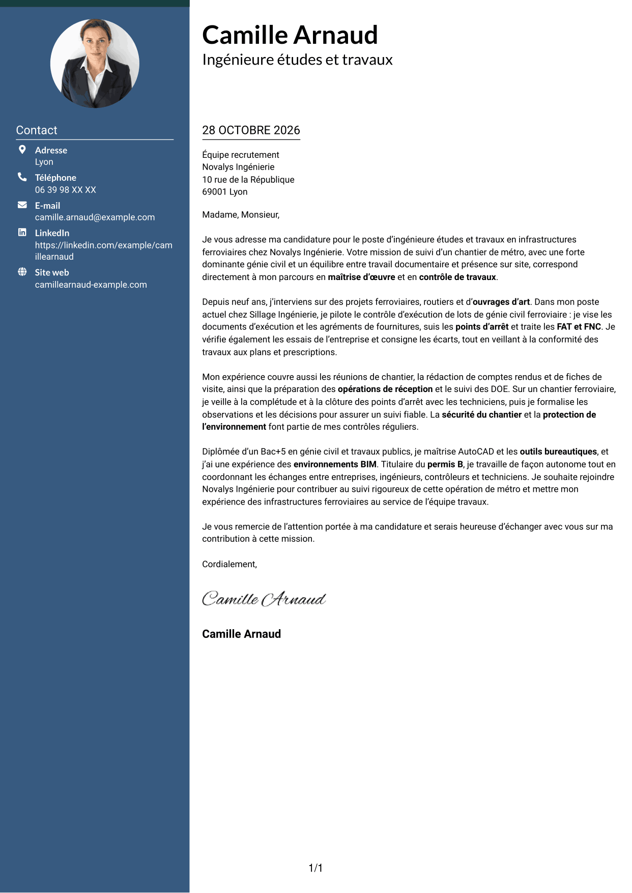 Lettre de motivation Élégant (format à colonne latérale colorée avec photo) : Ingénieur études et travaux - Infrastructures ferroviaires, page 1
