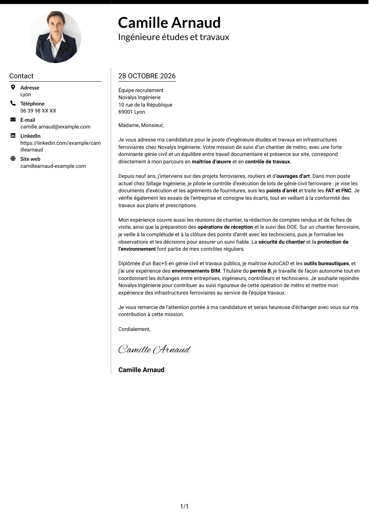 Lettre de motivation Moderne (format à deux colonnes avec photo à gauche et séparateur) : Ingénieur études et travaux - Infrastructures ferroviaires, page 1