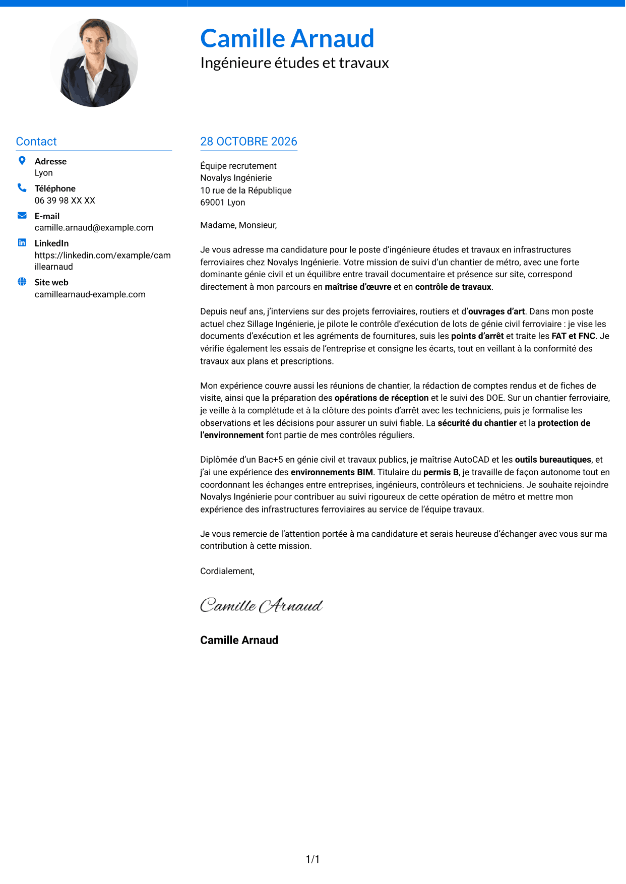 Lettre de motivation Audacieux (format à deux colonnes avec accents colorés et photo) : Ingénieur études et travaux - Infrastructures ferroviaires, page 1