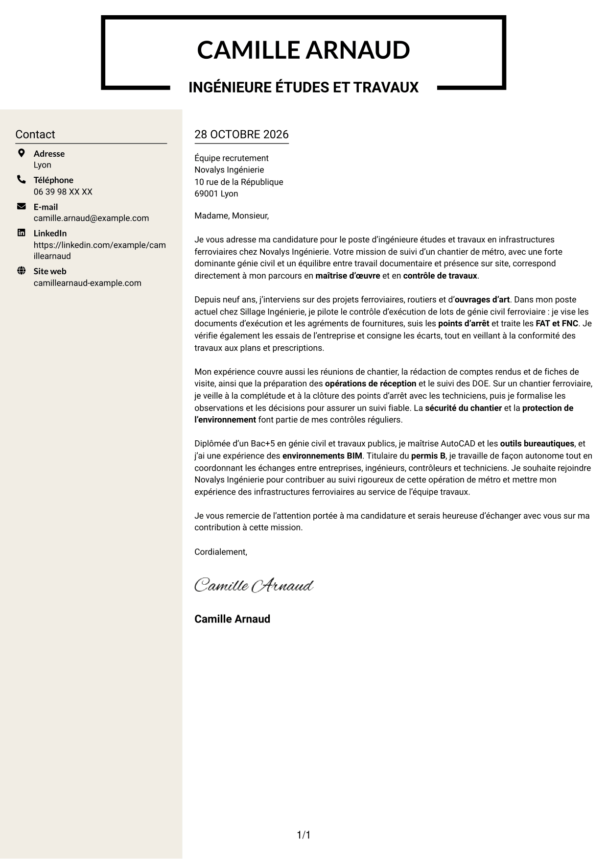 Lettre de motivation Fonceur (format à deux colonnes avec en-tête centré sans photo) : Ingénieur études et travaux - Infrastructures ferroviaires, page 1