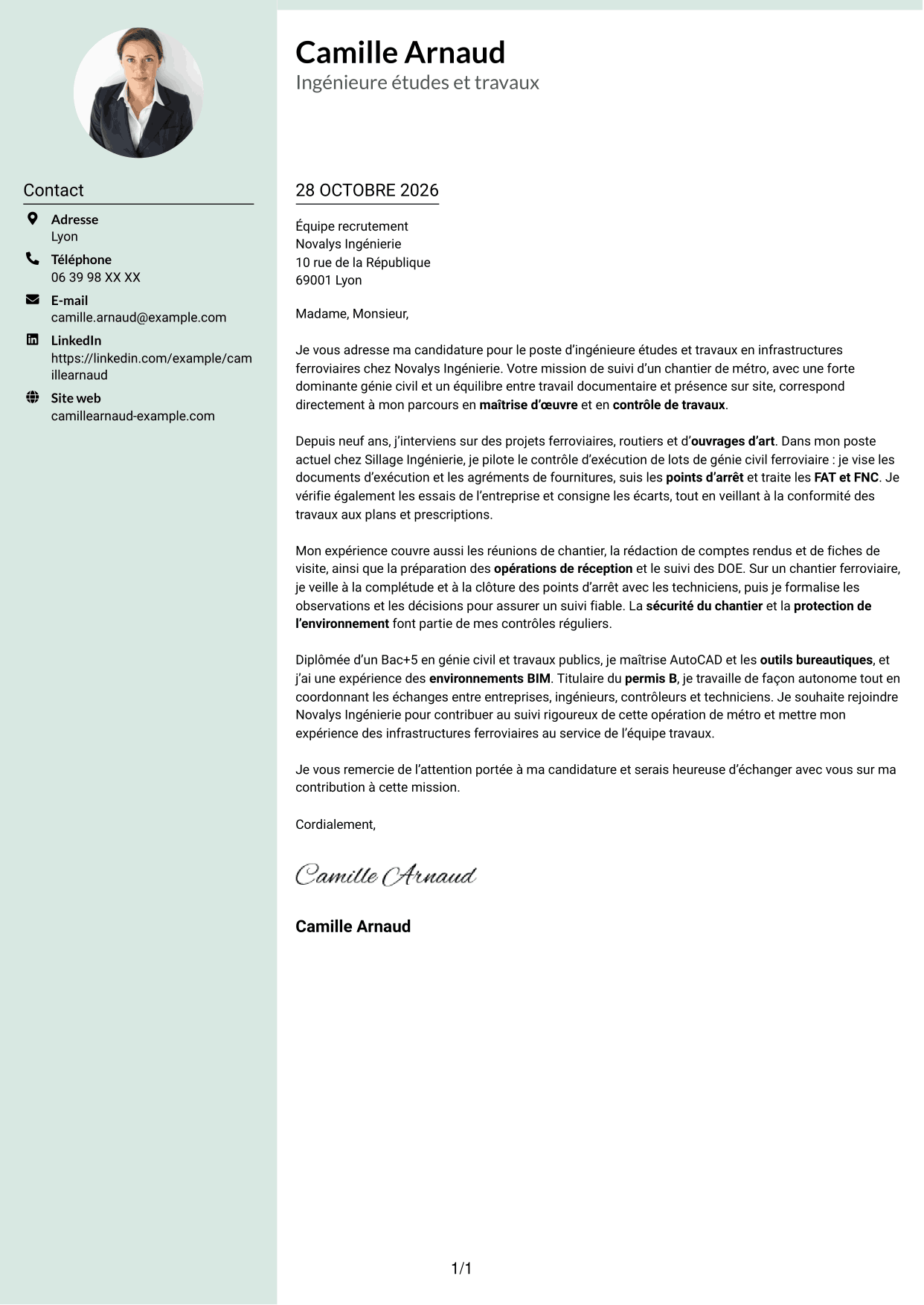 Lettre de motivation Cadre (format à colonne latérale douce avec photo arrondie) : Ingénieur études et travaux - Infrastructures ferroviaires, page 1