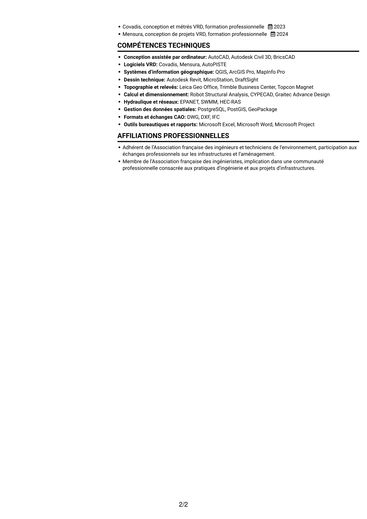 CV Compact (format sobre à deux colonnes avec photo) : Ingénieur études VRD - Aménagement urbain, page 2