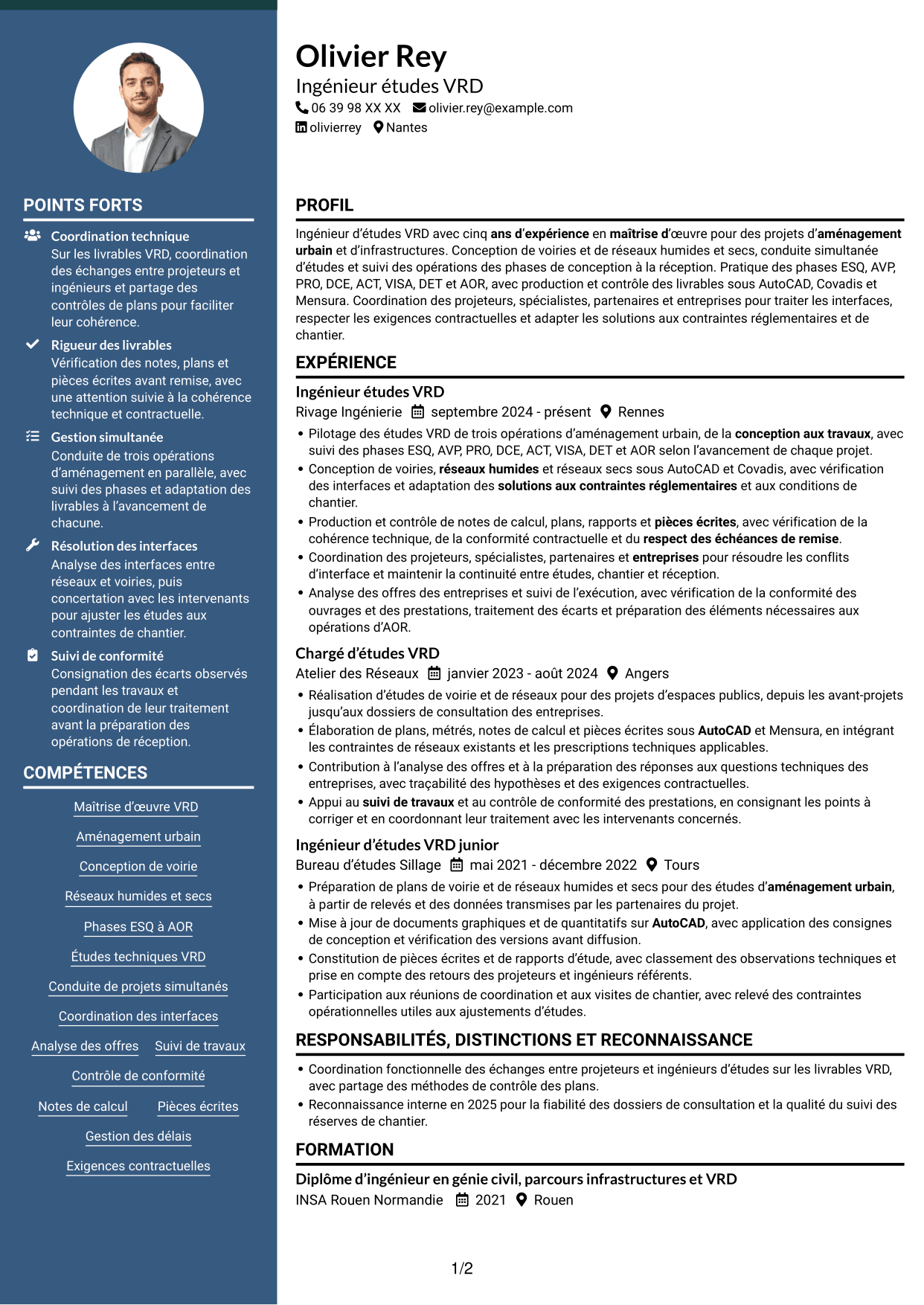 CV Élégant (format à colonne latérale colorée avec photo) : Ingénieur études VRD - Aménagement urbain, page 1
