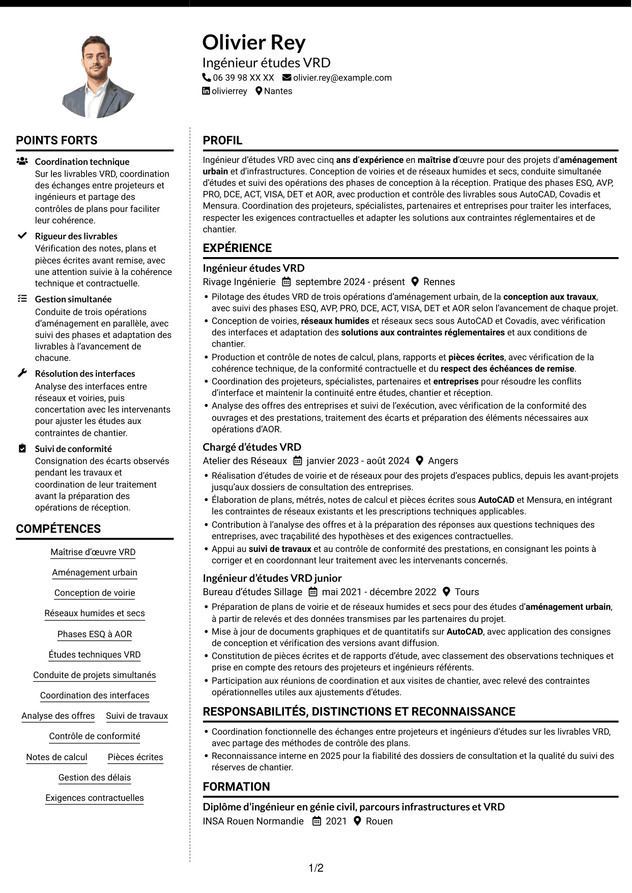 CV Moderne (format à deux colonnes avec photo à gauche et séparateur) : Ingénieur études VRD - Aménagement urbain, page 1