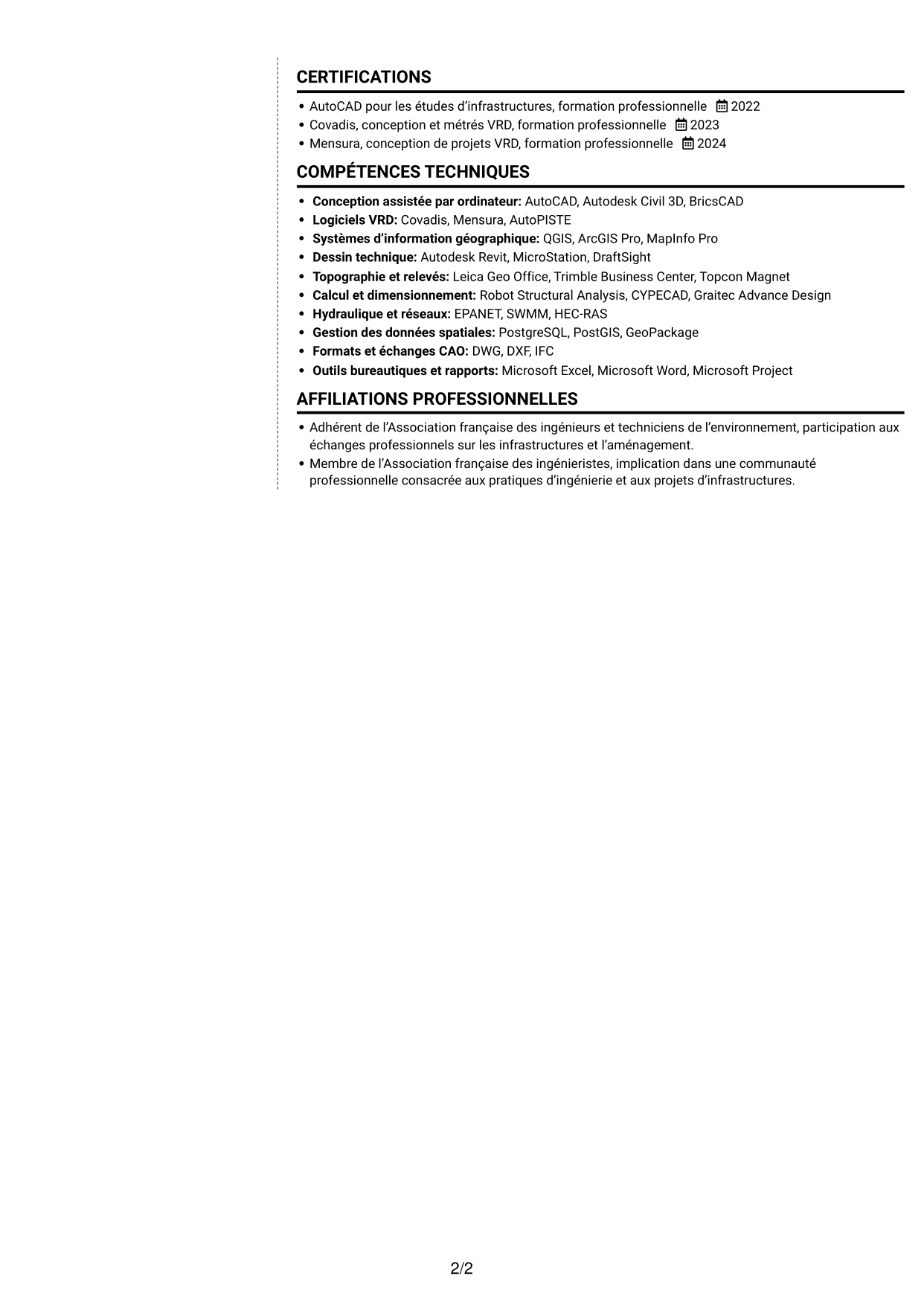 CV Moderne (format à deux colonnes avec photo à gauche et séparateur) : Ingénieur études VRD - Aménagement urbain, page 2
