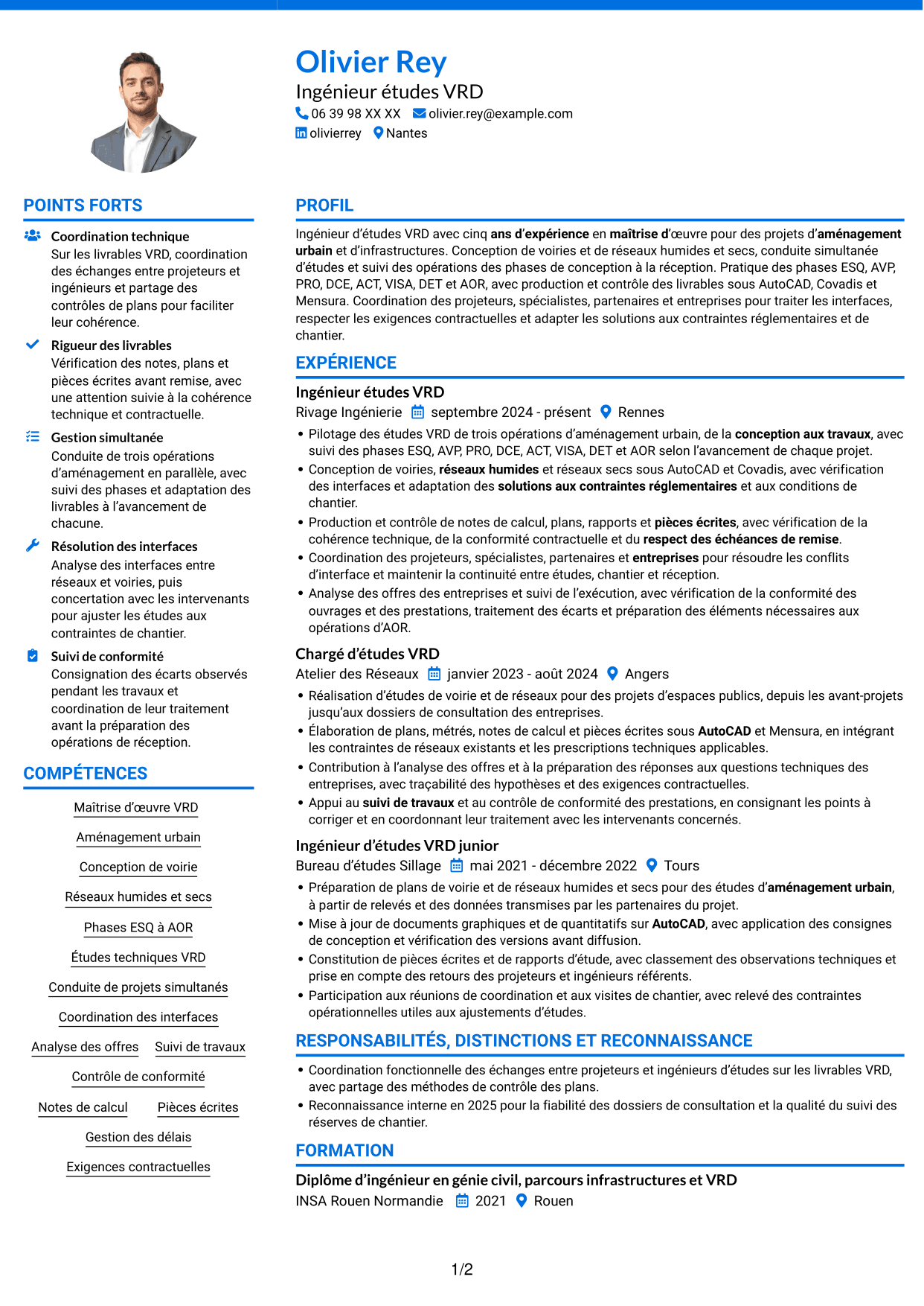 CV Audacieux (format à deux colonnes avec accents colorés et photo) : Ingénieur études VRD - Aménagement urbain, page 1