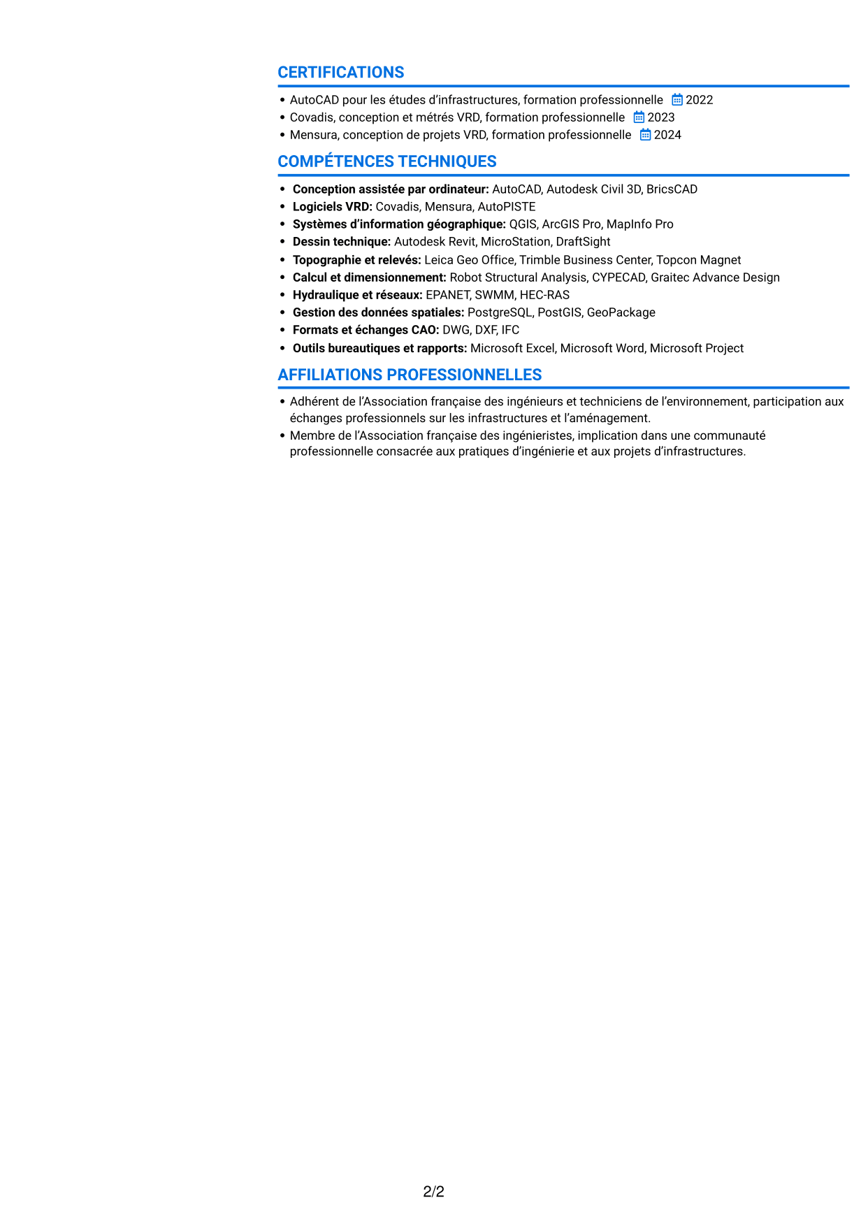 CV Audacieux (format à deux colonnes avec accents colorés et photo) : Ingénieur études VRD - Aménagement urbain, page 2
