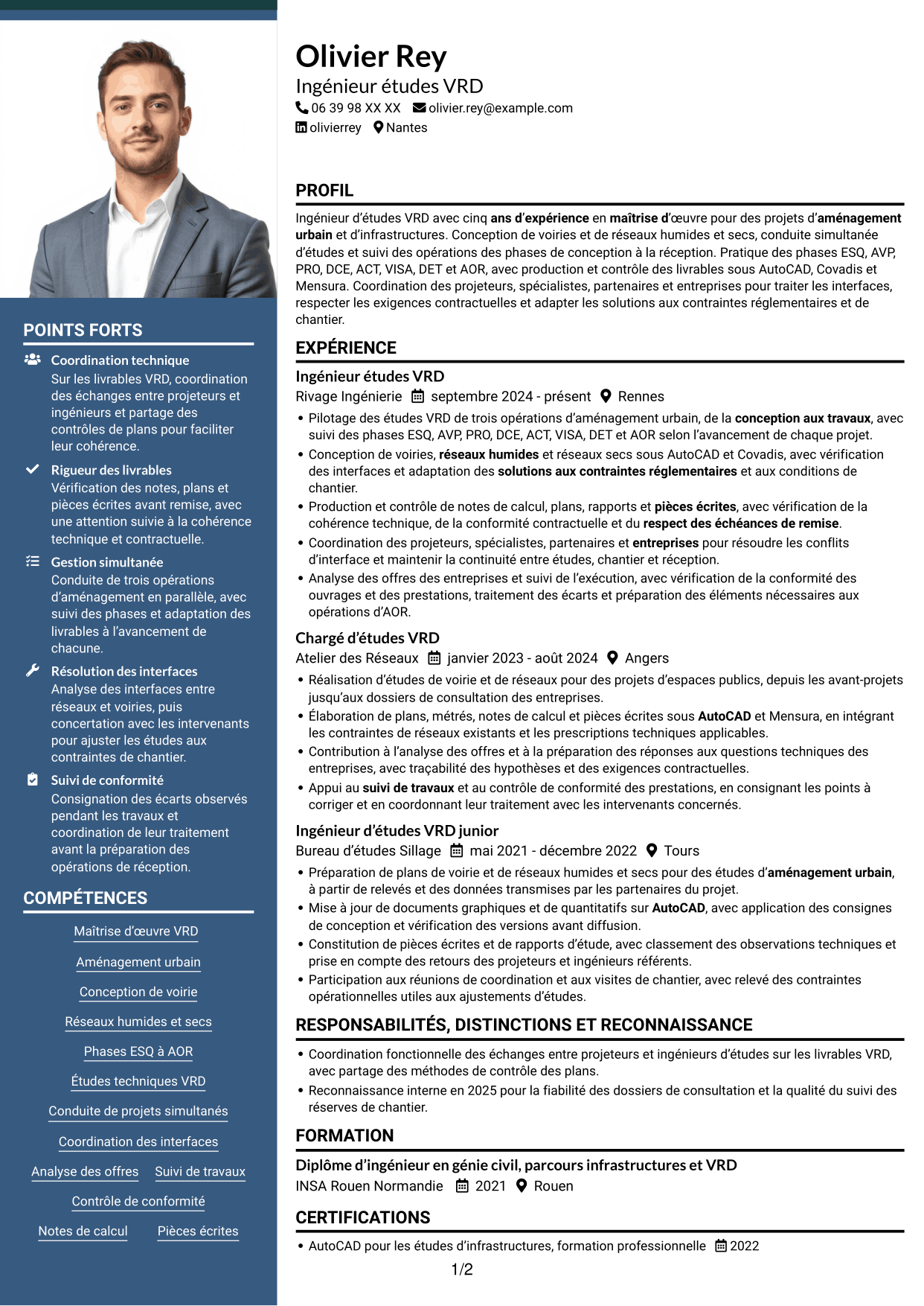 CV Signature (format à colonne latérale colorée avec grande photo) : Ingénieur études VRD - Aménagement urbain, page 1