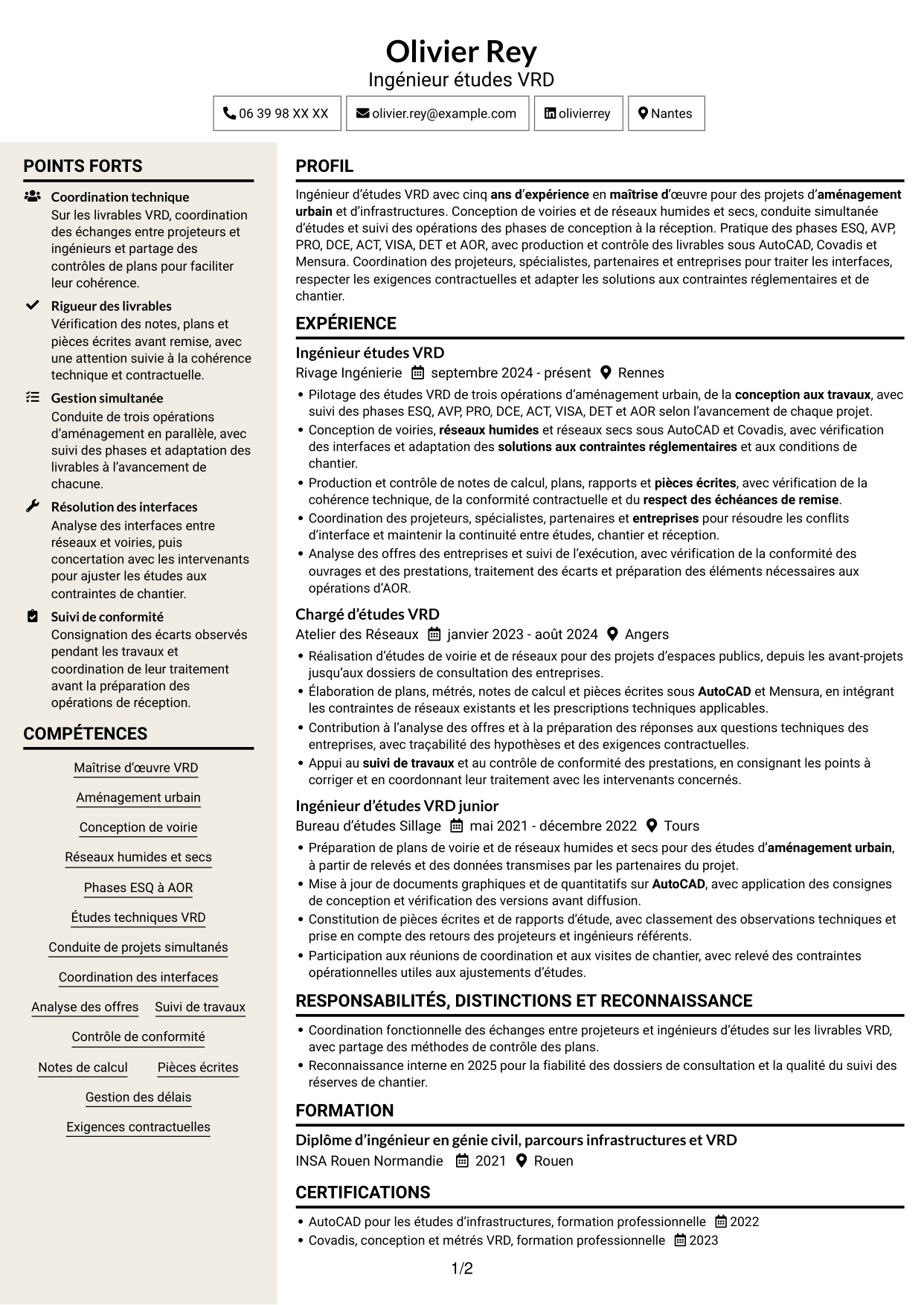 CV Fonceur (format à deux colonnes avec en-tête centré sans photo) : Ingénieur études VRD - Aménagement urbain, page 1