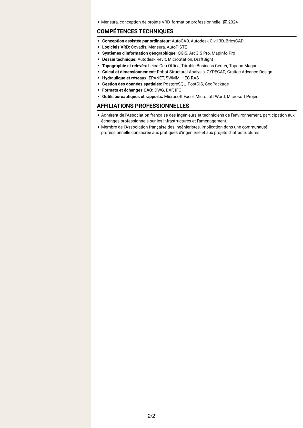 CV Fonceur (format à deux colonnes avec en-tête centré sans photo) : Ingénieur études VRD - Aménagement urbain, page 2