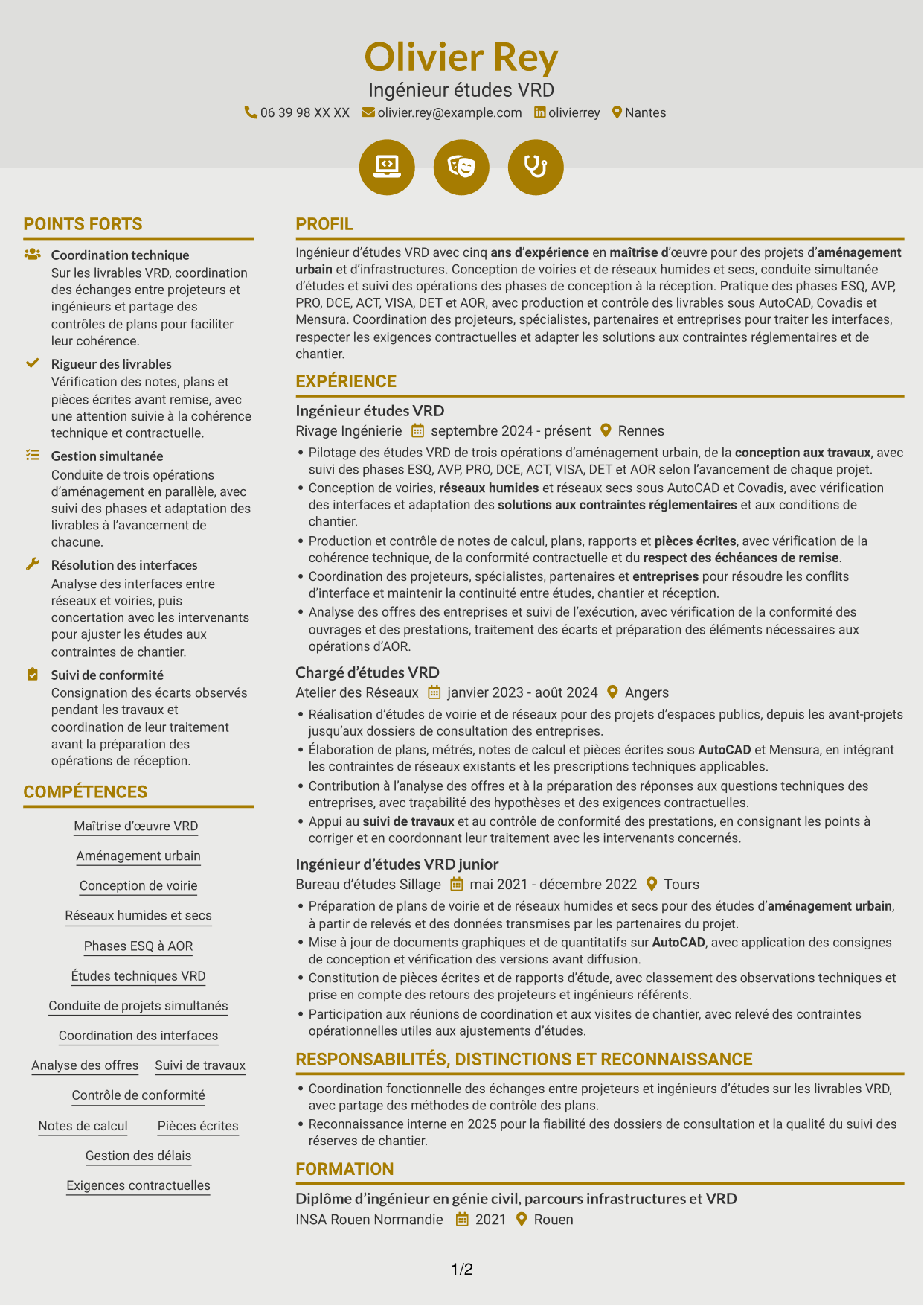 CV Dynamique (format à deux colonnes avec icônes) : Ingénieur études VRD - Aménagement urbain, page 1