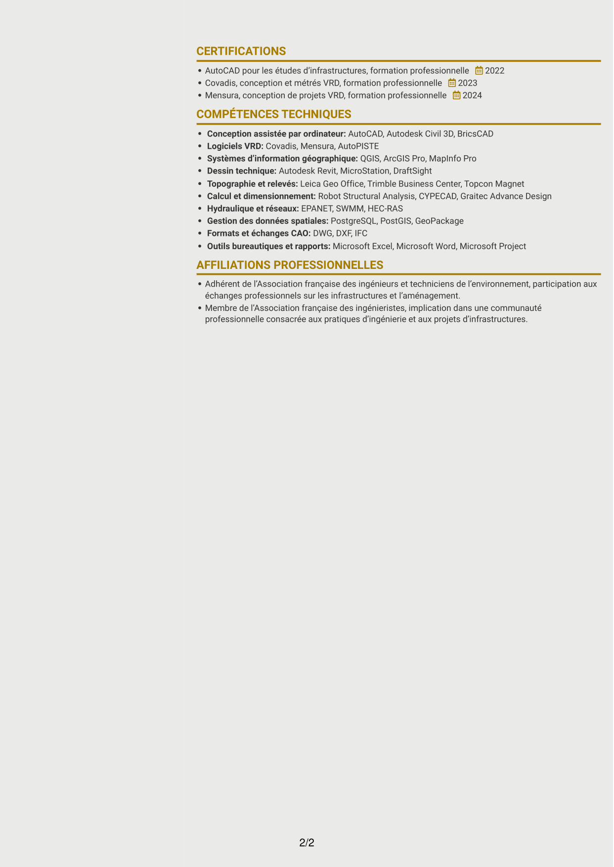 CV Dynamique (format à deux colonnes avec icônes) : Ingénieur études VRD - Aménagement urbain, page 2
