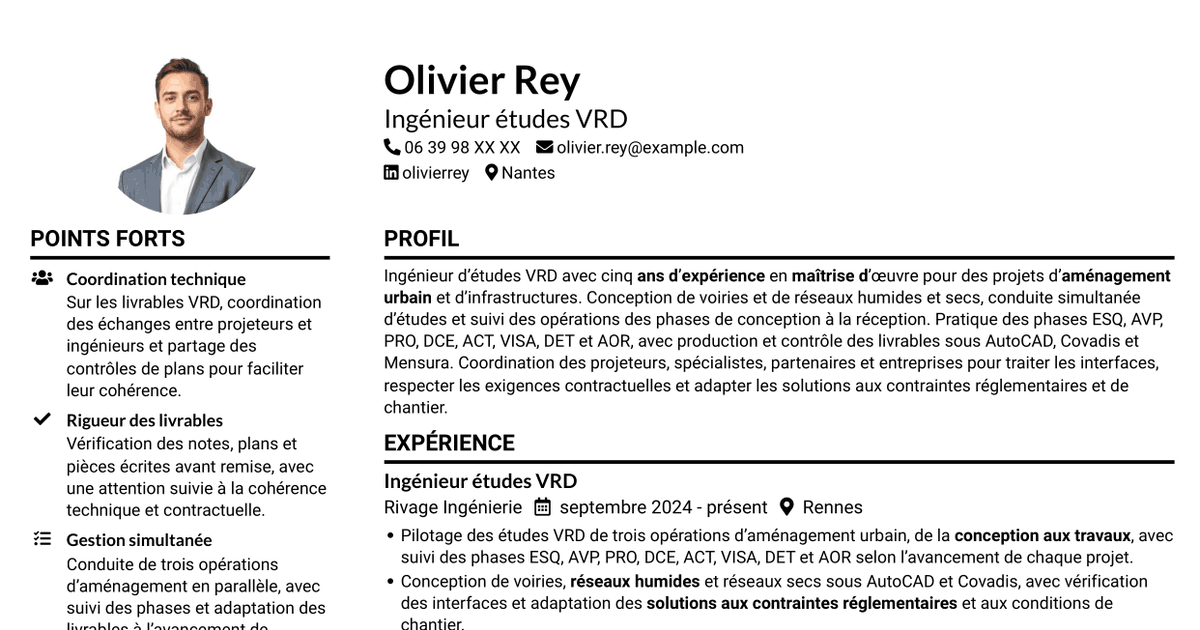 7 modèles de CV pour Ingénieur études VRD - Aménagement urbain, avec exemples