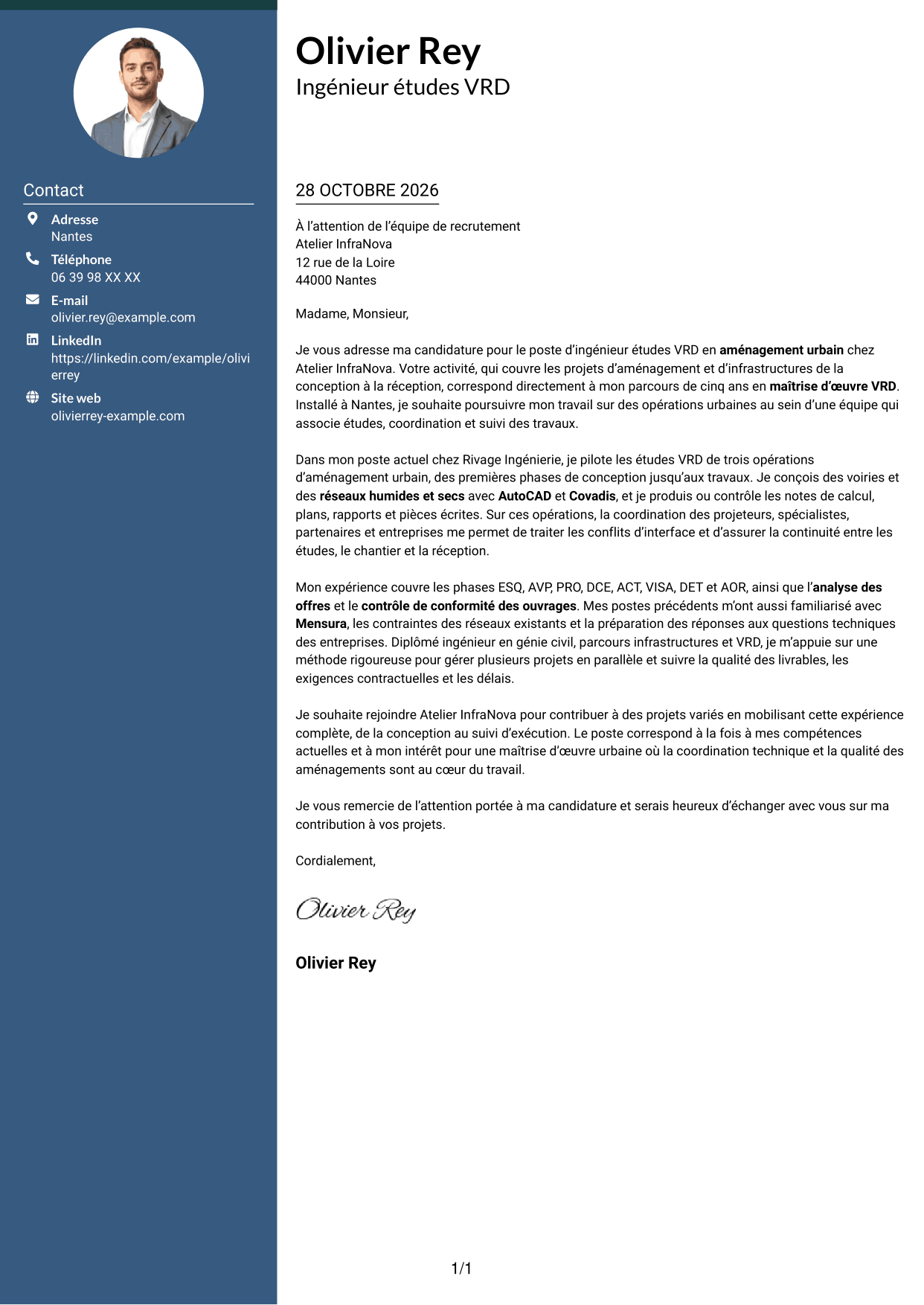 Lettre de motivation Élégant (format à colonne latérale colorée avec photo) : Ingénieur études VRD - Aménagement urbain, page 1