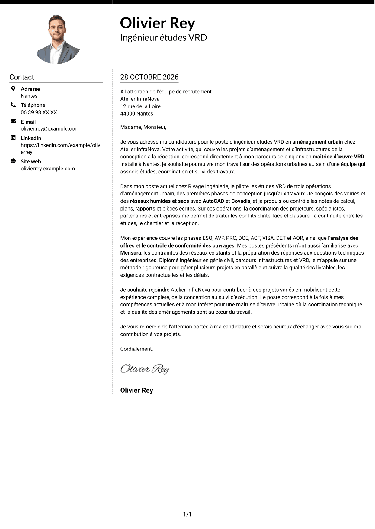 Lettre de motivation Moderne (format à deux colonnes avec photo à gauche et séparateur) : Ingénieur études VRD - Aménagement urbain, page 1