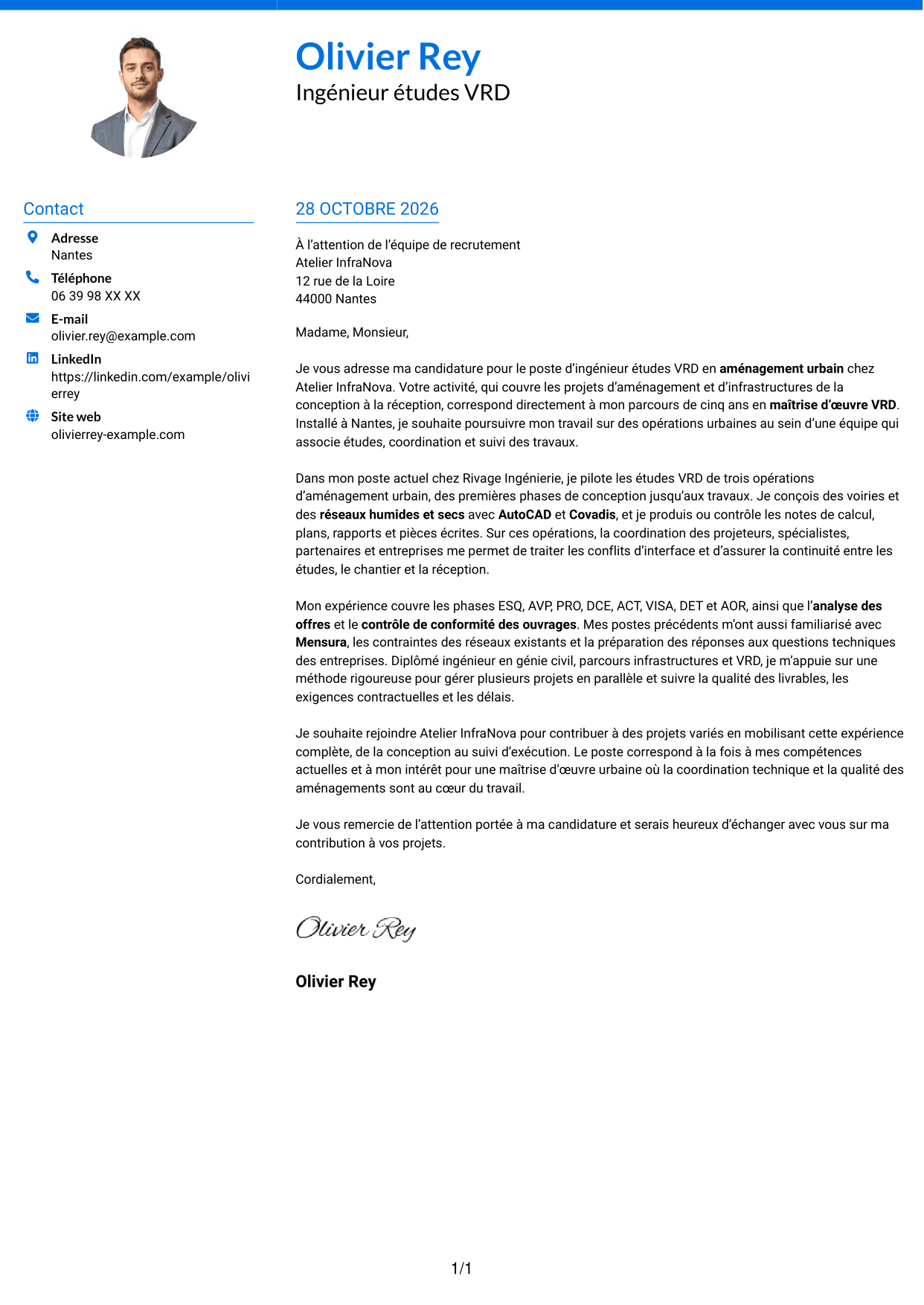Lettre de motivation Audacieux (format à deux colonnes avec accents colorés et photo) : Ingénieur études VRD - Aménagement urbain, page 1