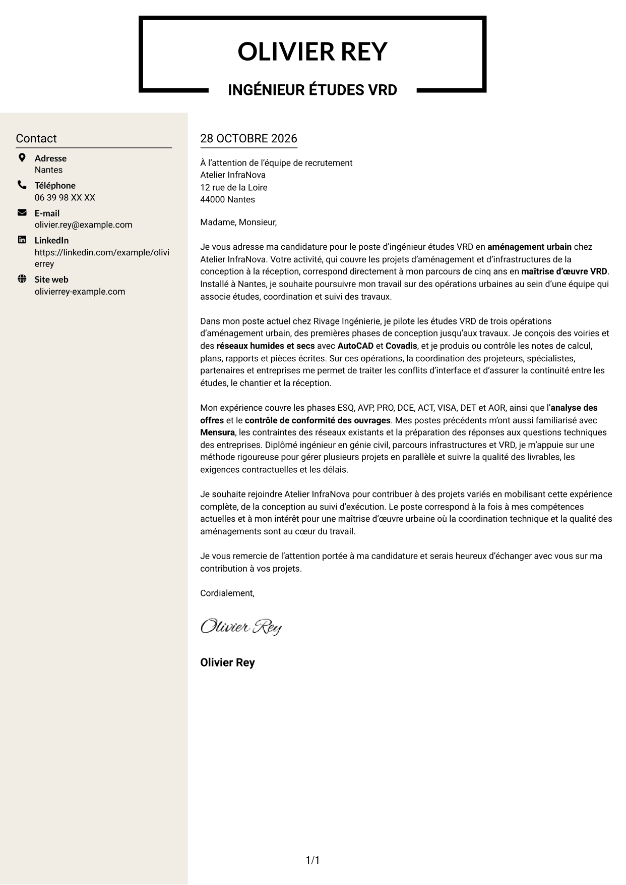 Lettre de motivation Fonceur (format à deux colonnes avec en-tête centré sans photo) : Ingénieur études VRD - Aménagement urbain, page 1