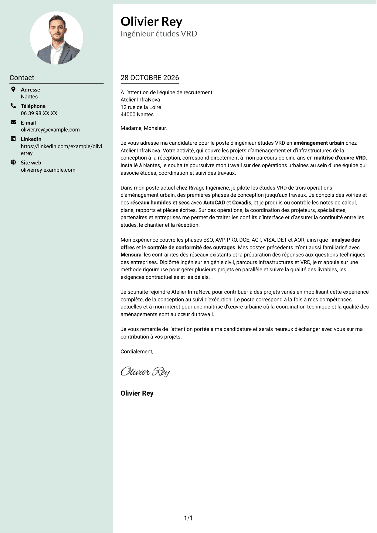 Lettre de motivation Cadre (format à colonne latérale douce avec photo arrondie) : Ingénieur études VRD - Aménagement urbain, page 1