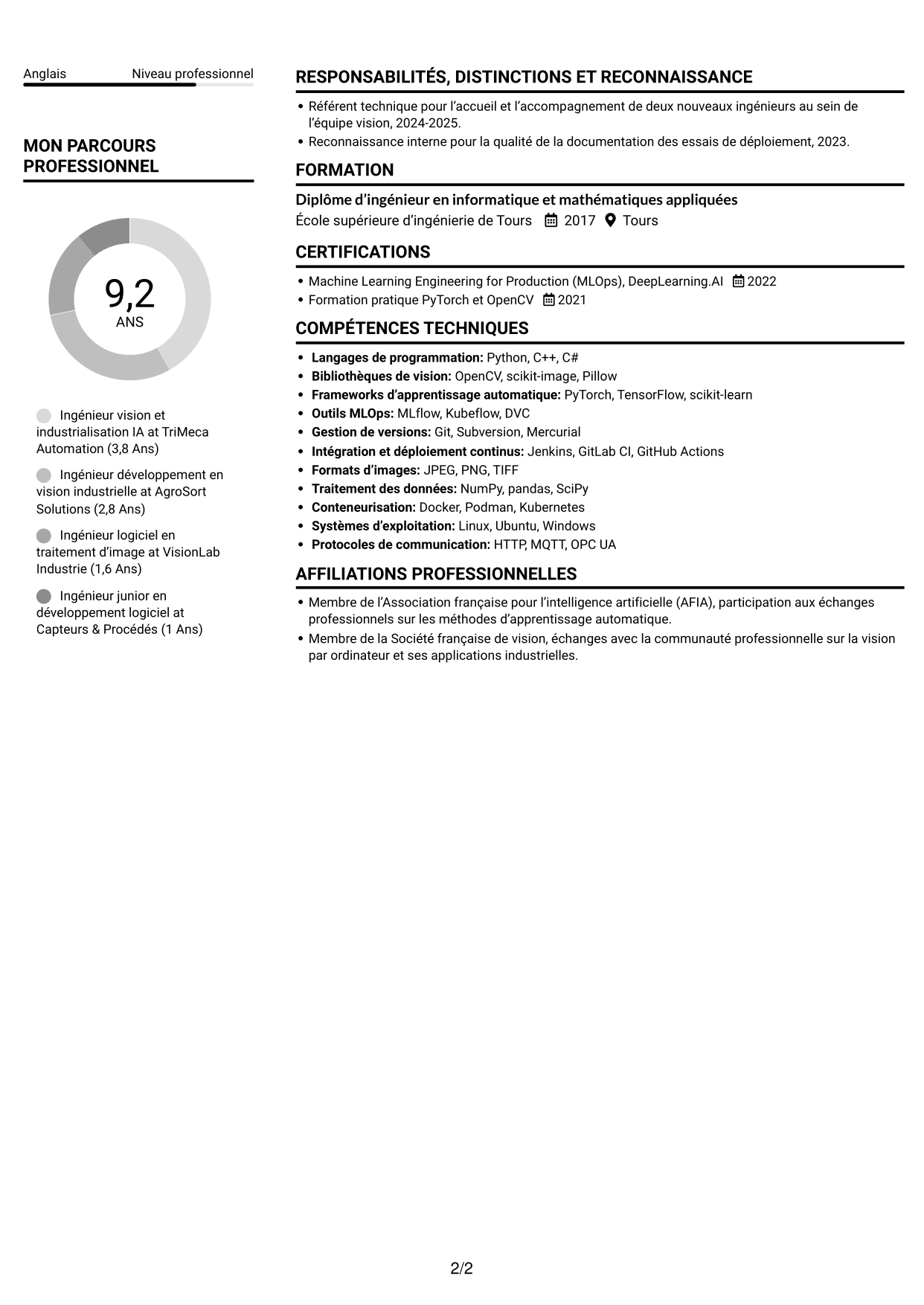 CV Compact (format sobre à deux colonnes avec photo) : Ingénieur Vision IA, page 2