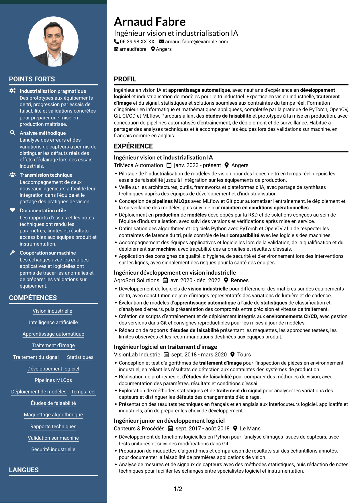 CV Élégant (format à colonne latérale colorée avec photo) : Ingénieur Vision IA, page 1