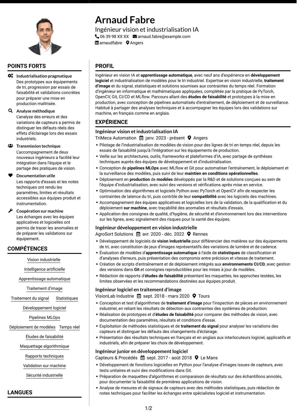CV Moderne (format à deux colonnes avec photo à gauche et séparateur) : Ingénieur Vision IA, page 1