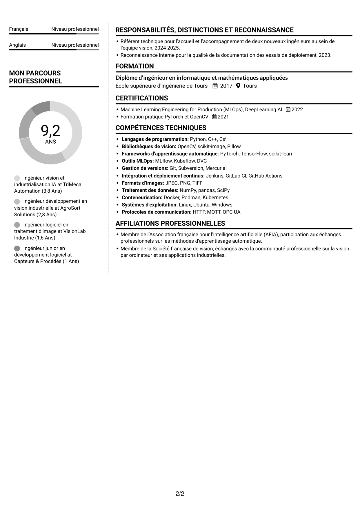 CV Moderne (format à deux colonnes avec photo à gauche et séparateur) : Ingénieur Vision IA, page 2