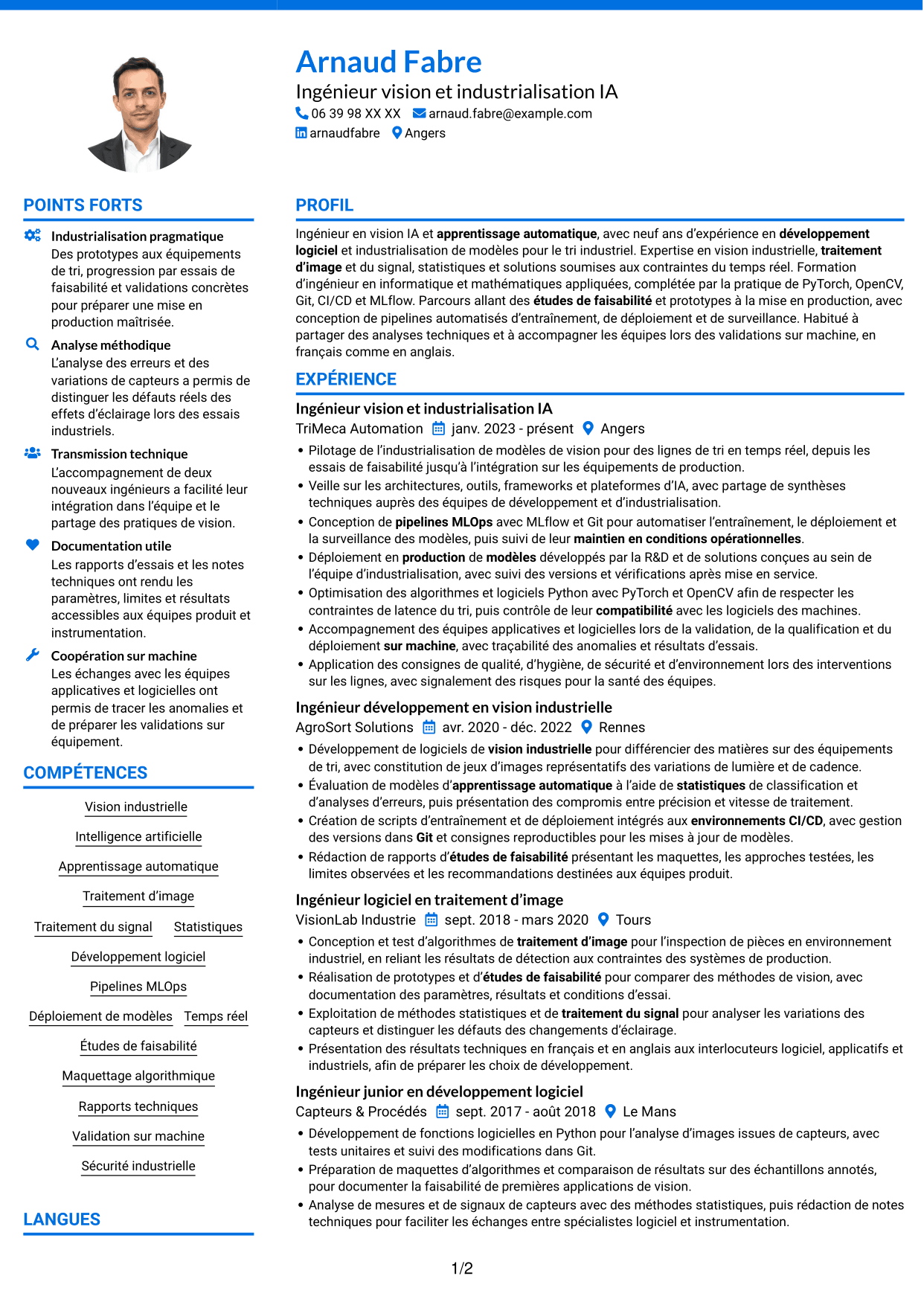 CV Audacieux (format à deux colonnes avec accents colorés et photo) : Ingénieur Vision IA, page 1