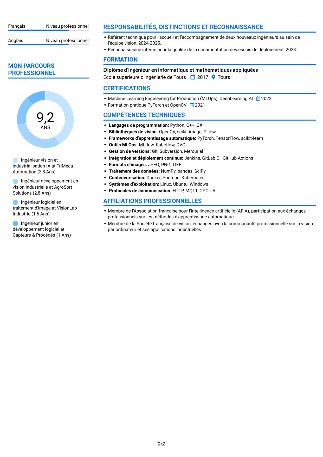 CV Audacieux (format à deux colonnes avec accents colorés et photo) : Ingénieur Vision IA, page 2