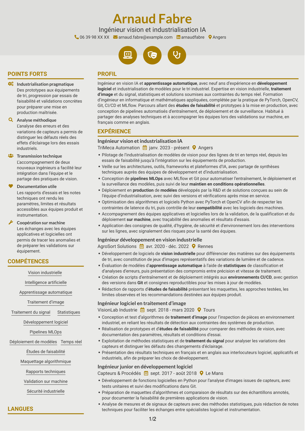 CV Dynamique (format à deux colonnes avec icônes) : Ingénieur Vision IA, page 1