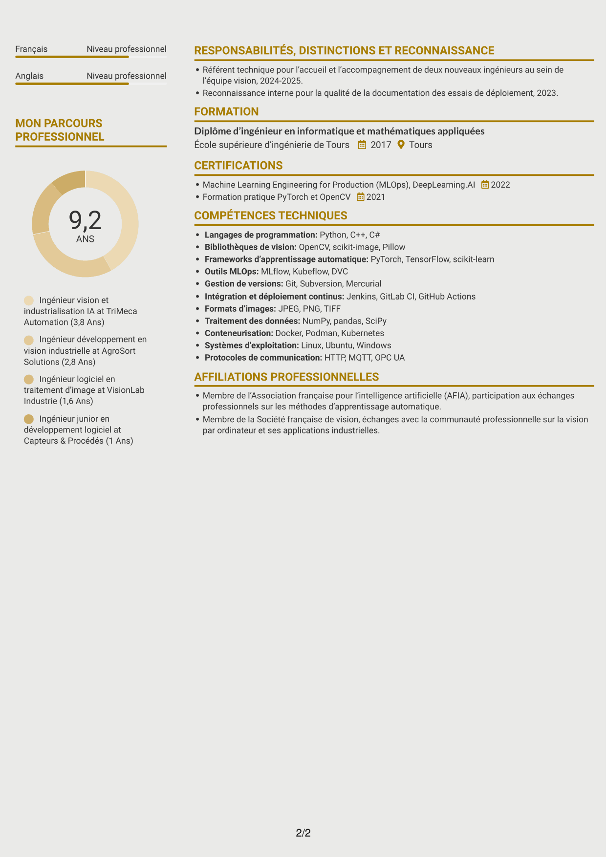 CV Dynamique (format à deux colonnes avec icônes) : Ingénieur Vision IA, page 2
