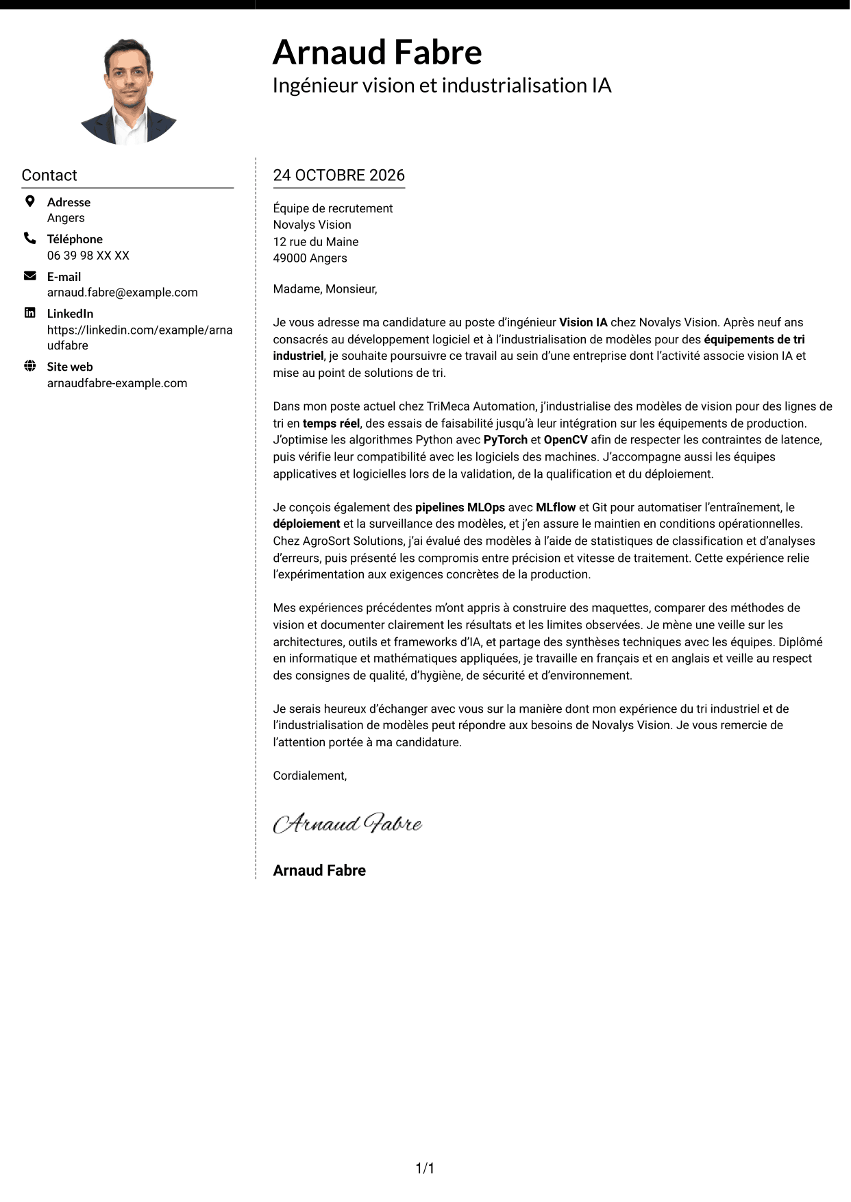 Lettre de motivation Moderne (format à deux colonnes avec photo à gauche et séparateur) : Ingénieur Vision IA, page 1