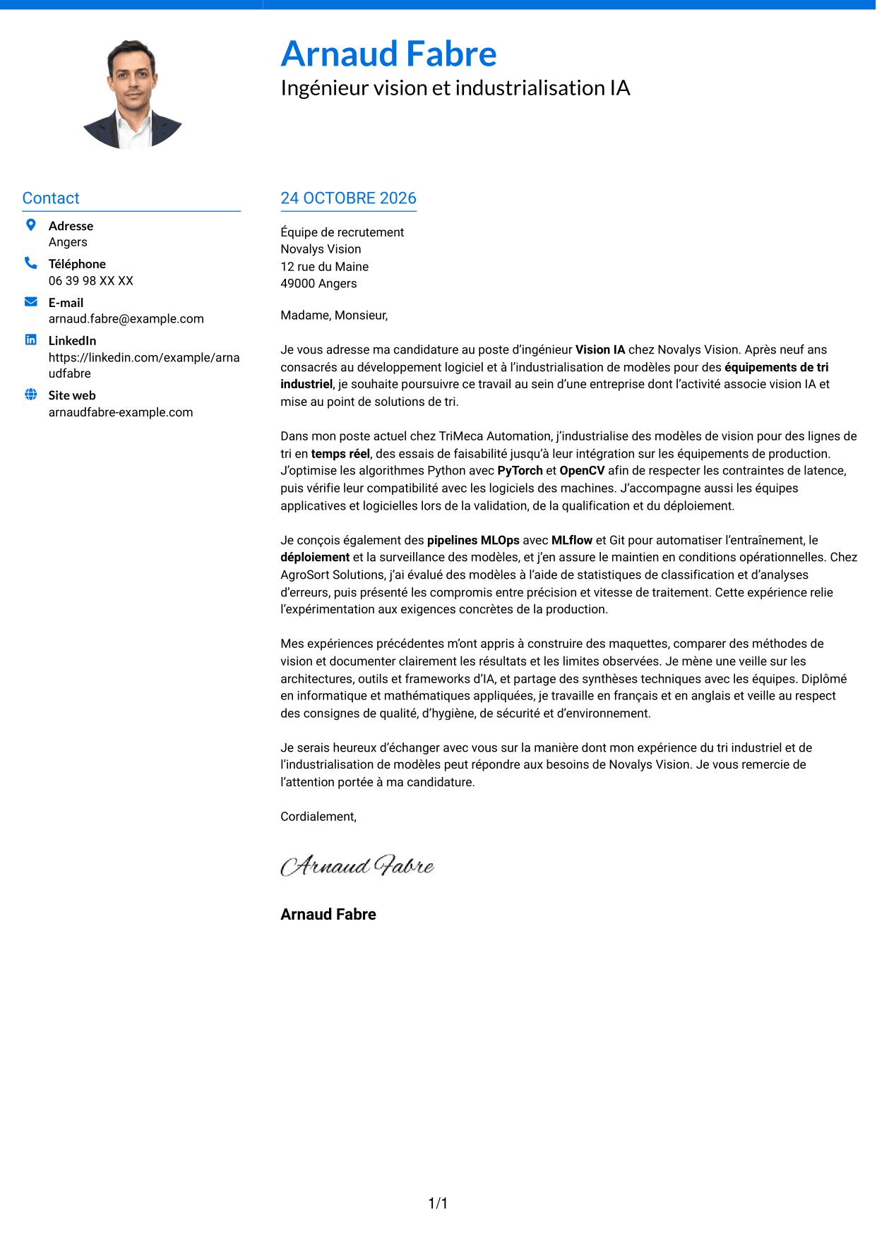 Lettre de motivation Audacieux (format à deux colonnes avec accents colorés et photo) : Ingénieur Vision IA, page 1
