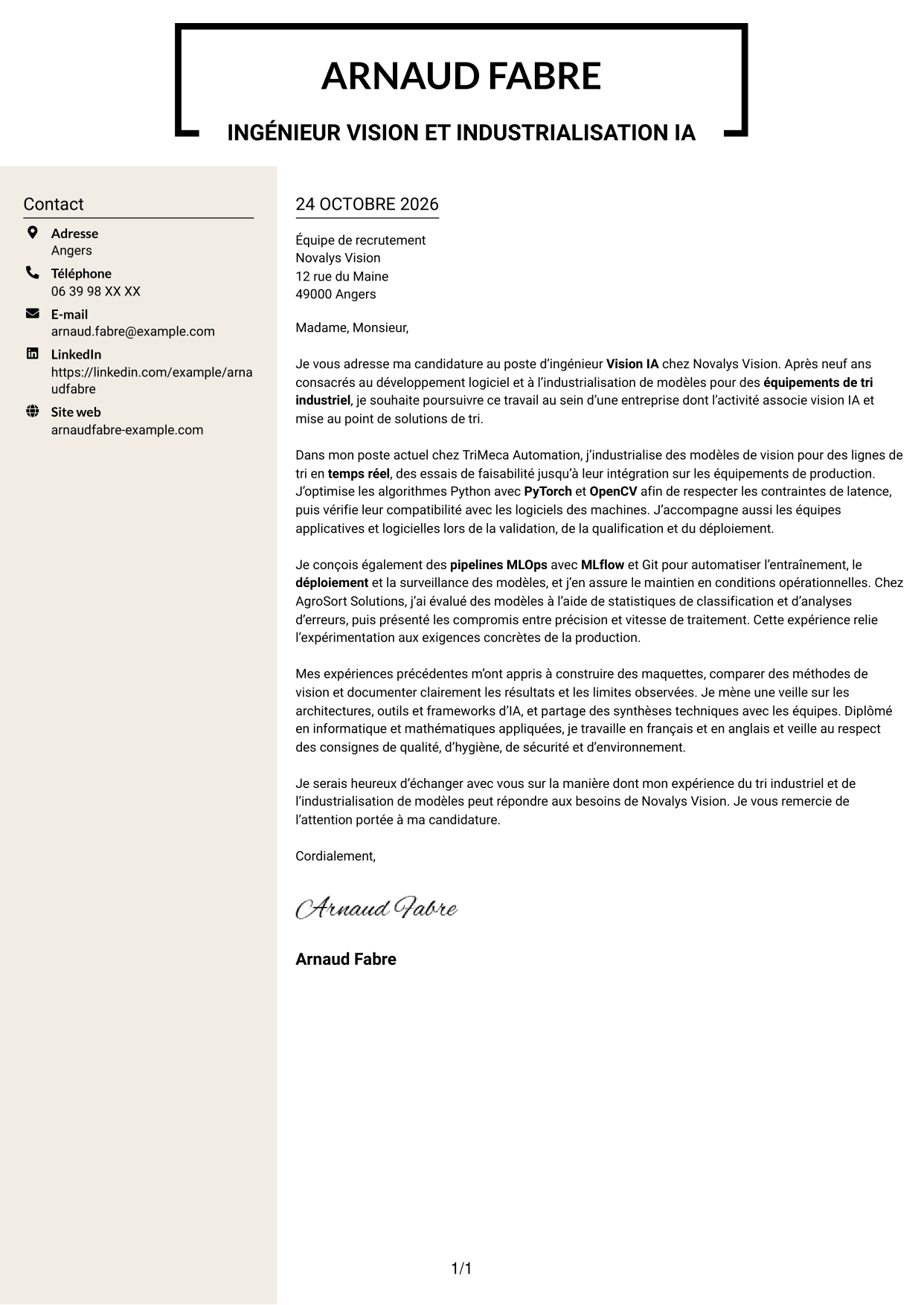 Lettre de motivation Fonceur (format à deux colonnes avec en-tête centré sans photo) : Ingénieur Vision IA, page 1