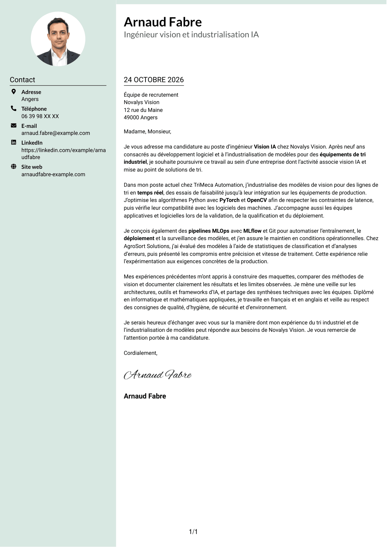 Lettre de motivation Cadre (format à colonne latérale douce avec photo arrondie) : Ingénieur Vision IA, page 1
