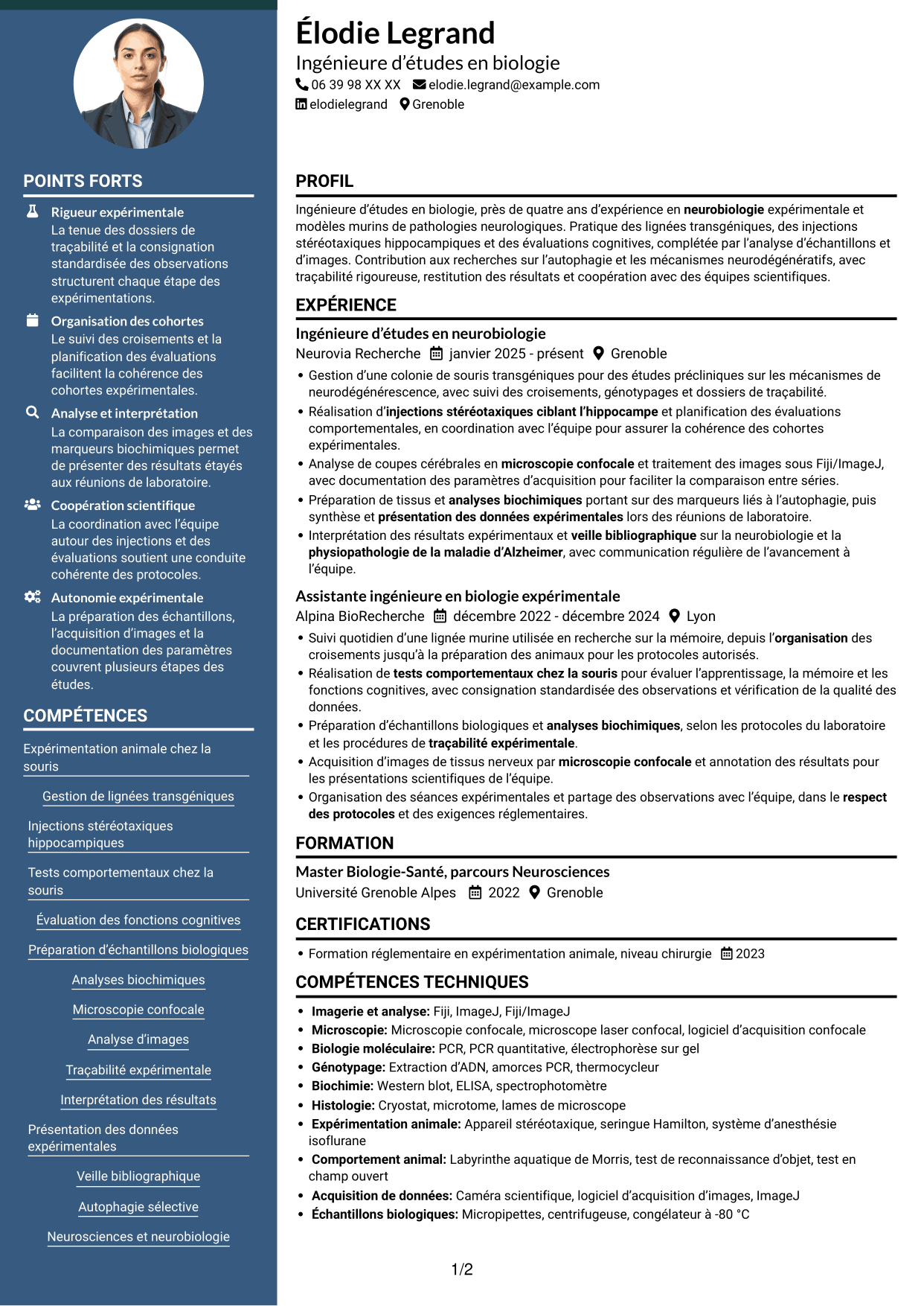 CV Élégant (format à colonne latérale colorée avec photo) : Ingénieure d’études en biologie - Neurosciences et maladie d’Alzheimer, page 1