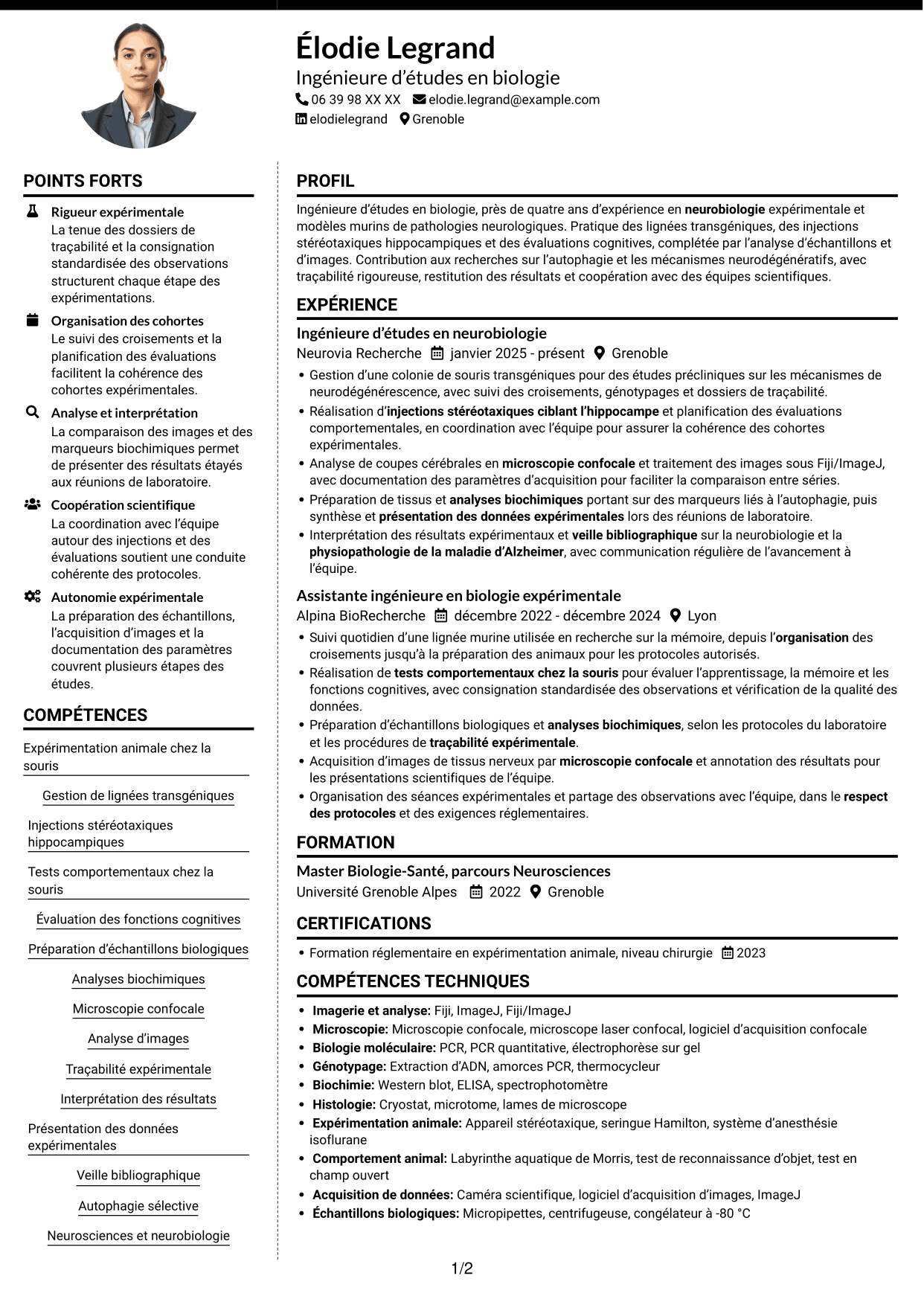 CV Moderne (format à deux colonnes avec photo à gauche et séparateur) : Ingénieure d’études en biologie - Neurosciences et maladie d’Alzheimer, page 1