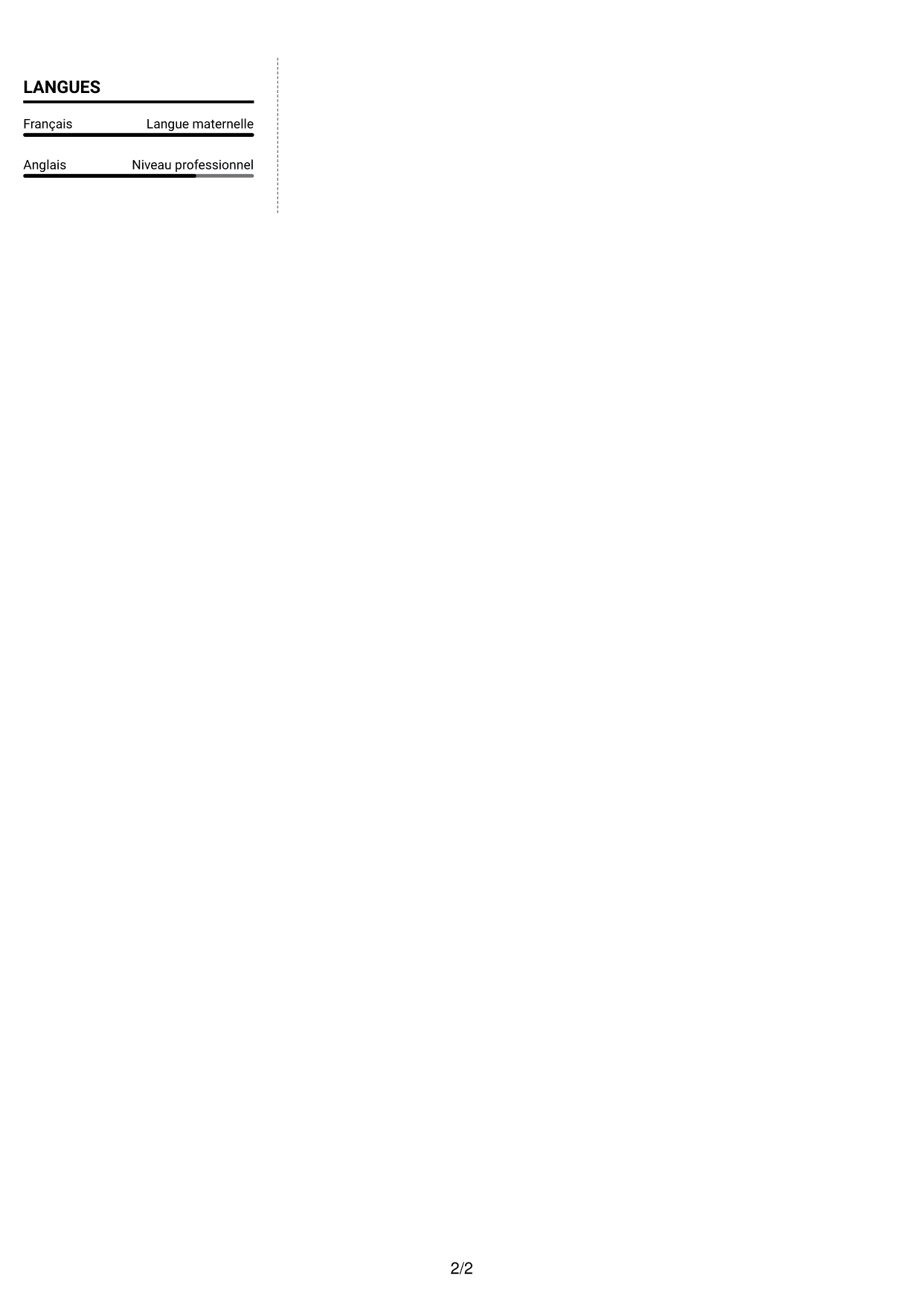 CV Moderne (format à deux colonnes avec photo à gauche et séparateur) : Ingénieure d’études en biologie - Neurosciences et maladie d’Alzheimer, page 2