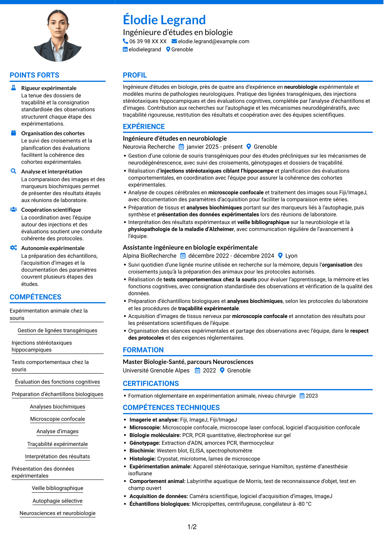 CV Audacieux (format à deux colonnes avec accents colorés et photo) : Ingénieure d’études en biologie - Neurosciences et maladie d’Alzheimer, page 1