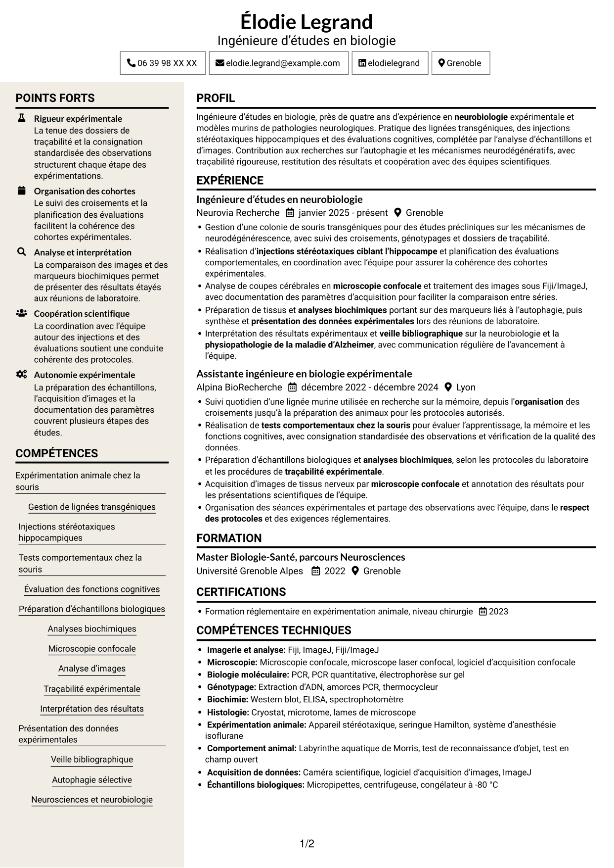 CV Fonceur (format à deux colonnes avec en-tête centré sans photo) : Ingénieure d’études en biologie - Neurosciences et maladie d’Alzheimer, page 1