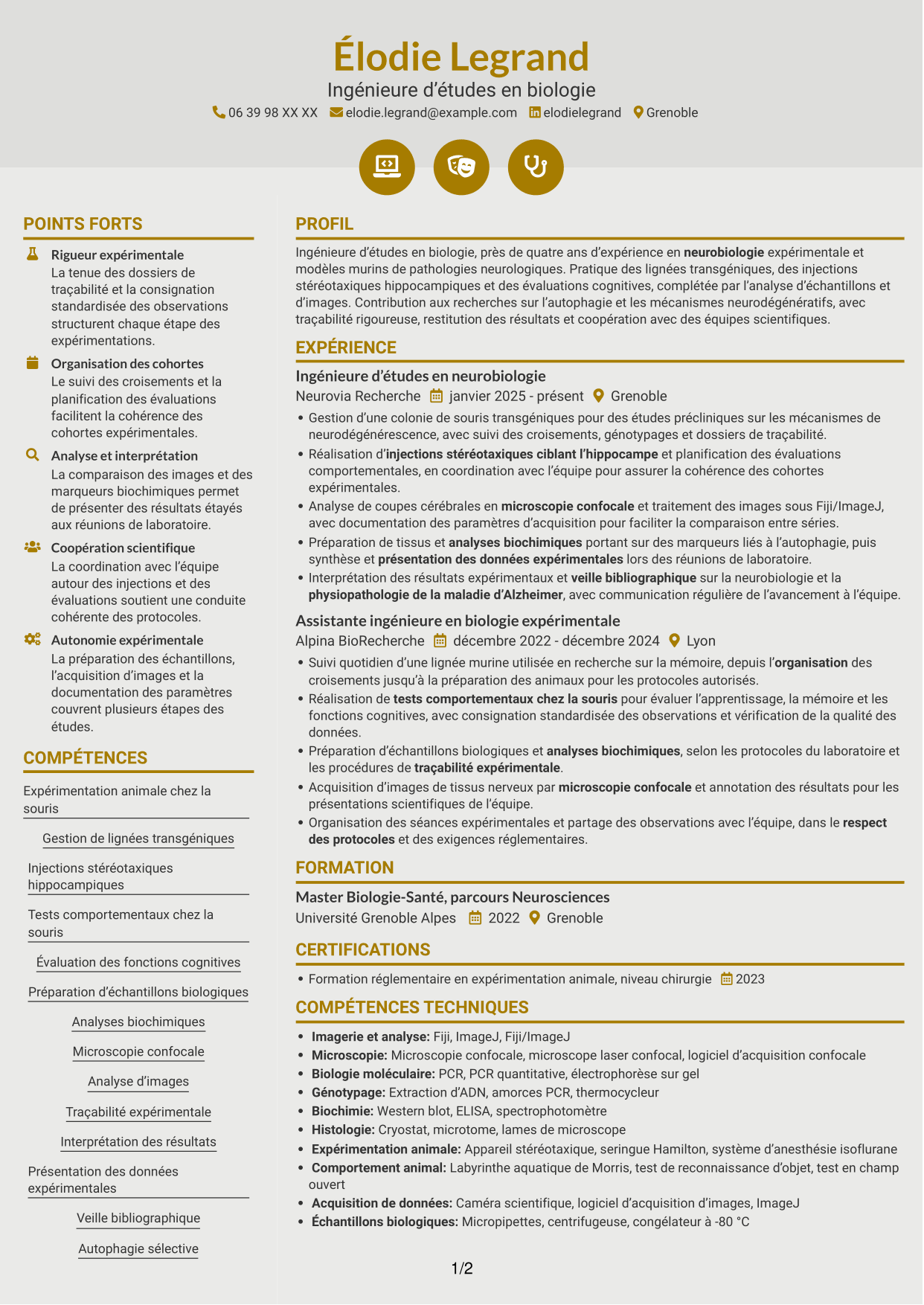 CV Dynamique (format à deux colonnes avec icônes) : Ingénieure d’études en biologie - Neurosciences et maladie d’Alzheimer, page 1