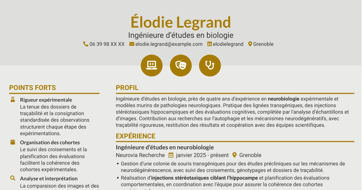 7 modèles de CV pour Ingénieure d’études en biologie - Neurosciences et maladie d’Alzheimer, avec exemples