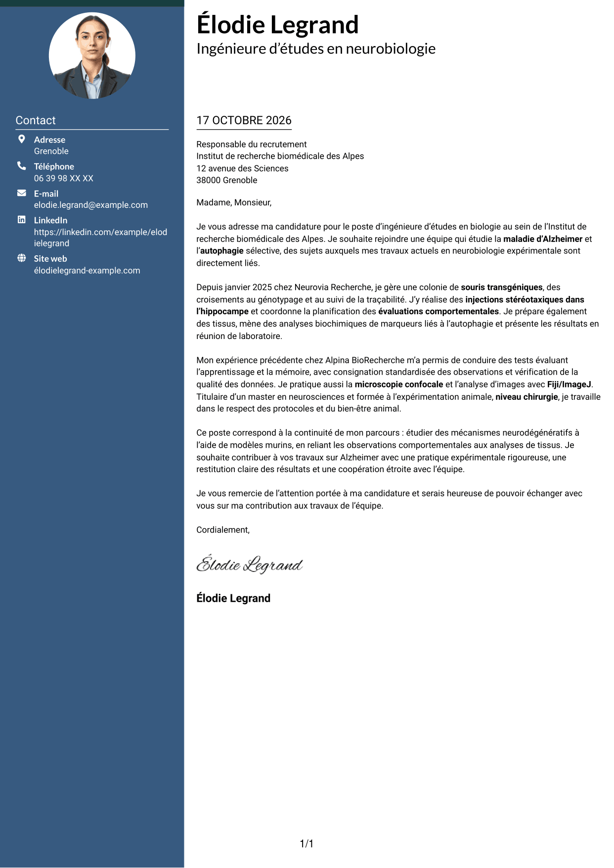 Lettre de motivation Élégant (format à colonne latérale colorée avec photo) : Ingénieure d’études en biologie - Neurosciences et maladie d’Alzheimer, page 1