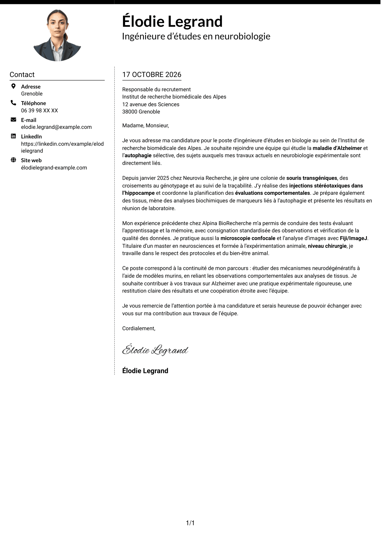 Lettre de motivation Moderne (format à deux colonnes avec photo à gauche et séparateur) : Ingénieure d’études en biologie - Neurosciences et maladie d’Alzheimer, page 1